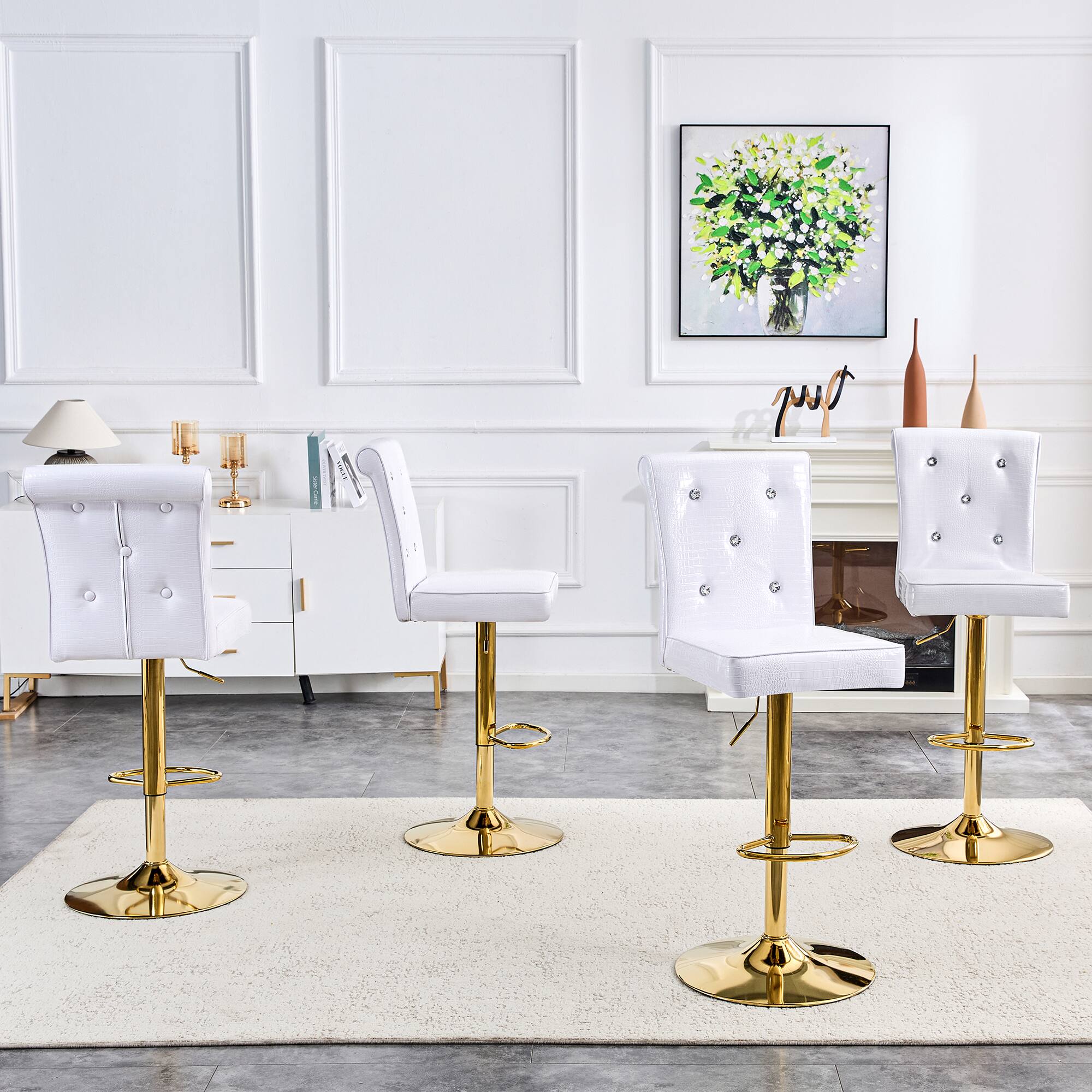Back. Loheer - Faux Crocodile Lift Chairs Set of 2 Crystal Tufted Dining Seating 1.8x1.42x4.08ft - White.