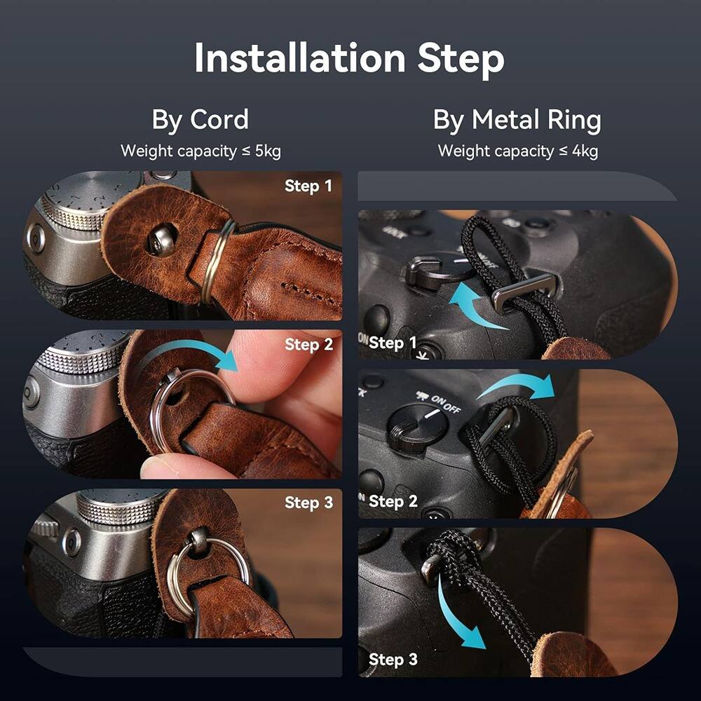 Installation Step

By Cord  
Weight capacity ≤ 5kg

Step 1  
Step 2  
Step 3

By Metal Ring  
Weight capacity ≤ 4kg

Step 1  
Step 2  
Step 3