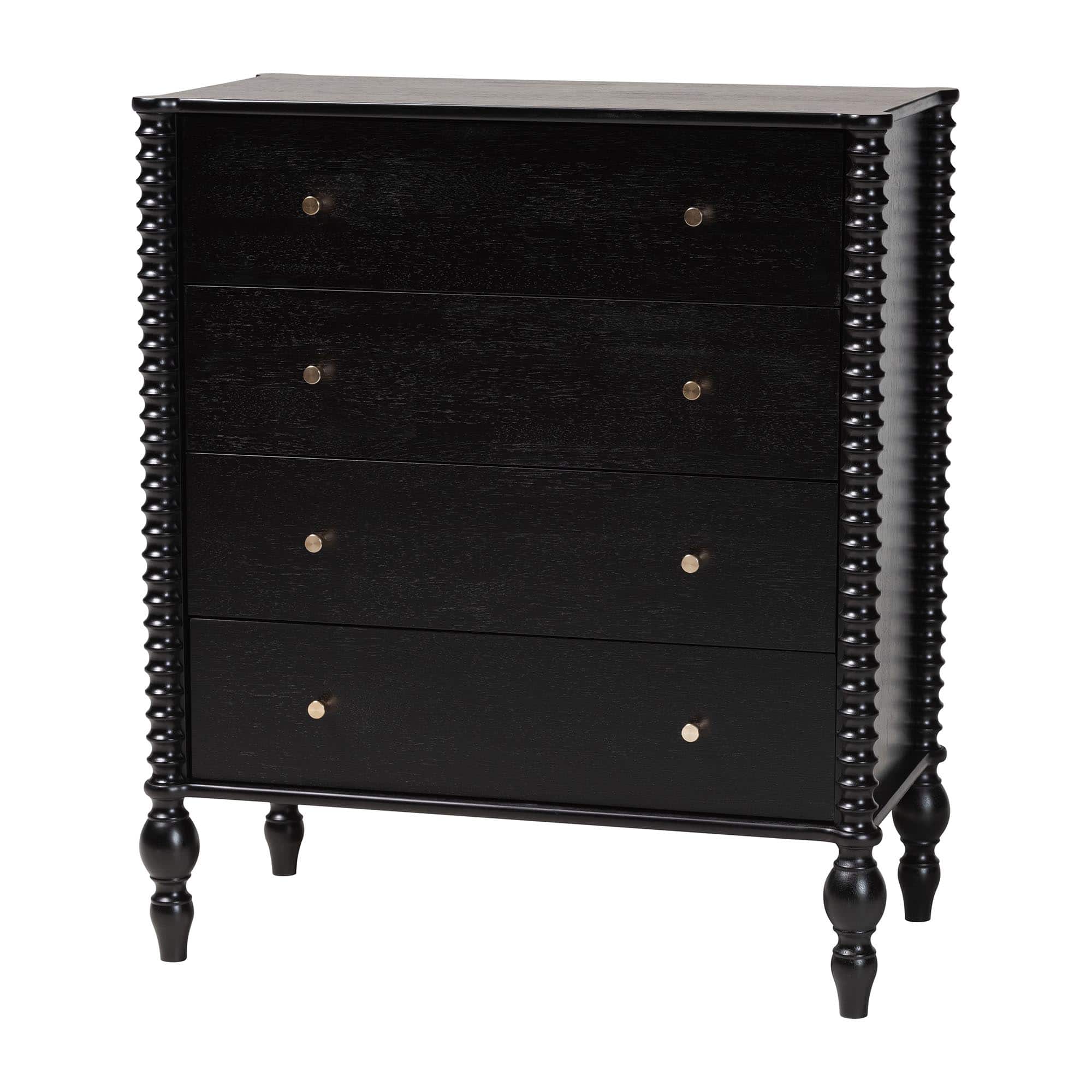 Baxton Studio - Callison Spindle Chest - 4-Drawer Farmhouse Vertical Cabinet with Turned Accents for Bedroom - Black