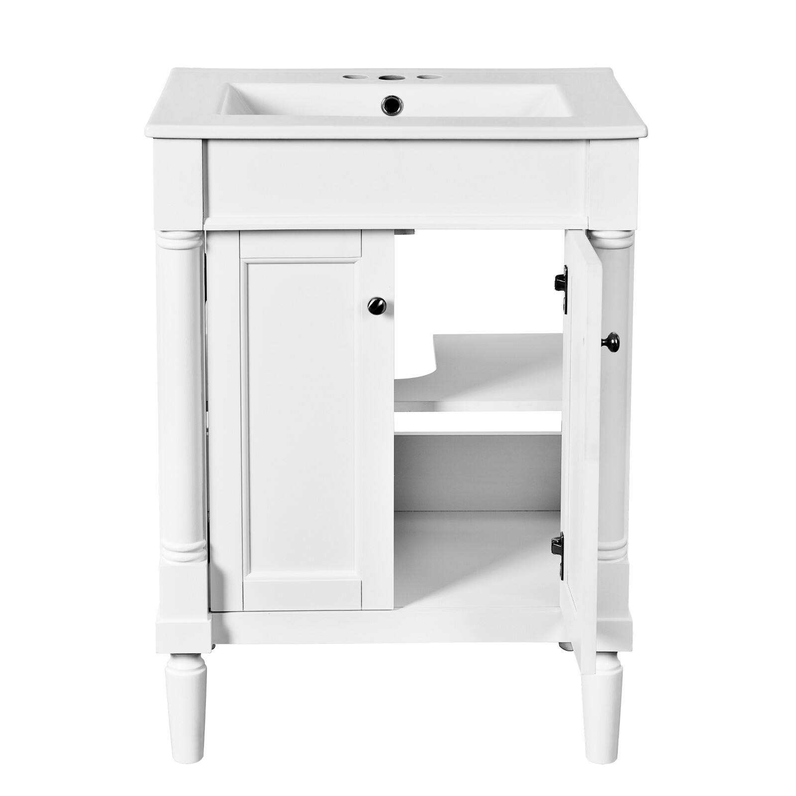 Alt View 10. Glintex - 24'' Bathroom Vanity with Top Sink, 2-Tier Bathroom Storage Cabinet, Single Sink Bathroom Vanity, Large Storage Shelves - White.