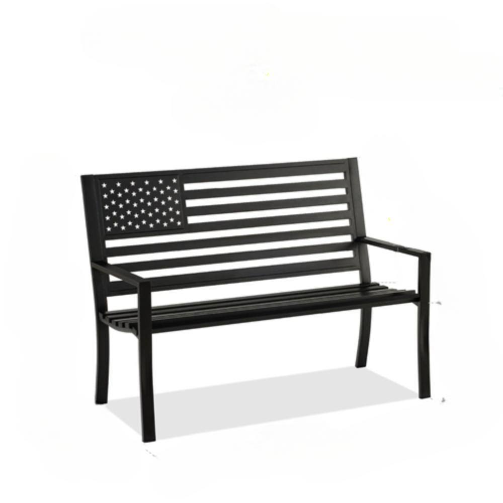 Front. Hivvago - 2 Person Metal Bench with American Flag Backrest - Black.