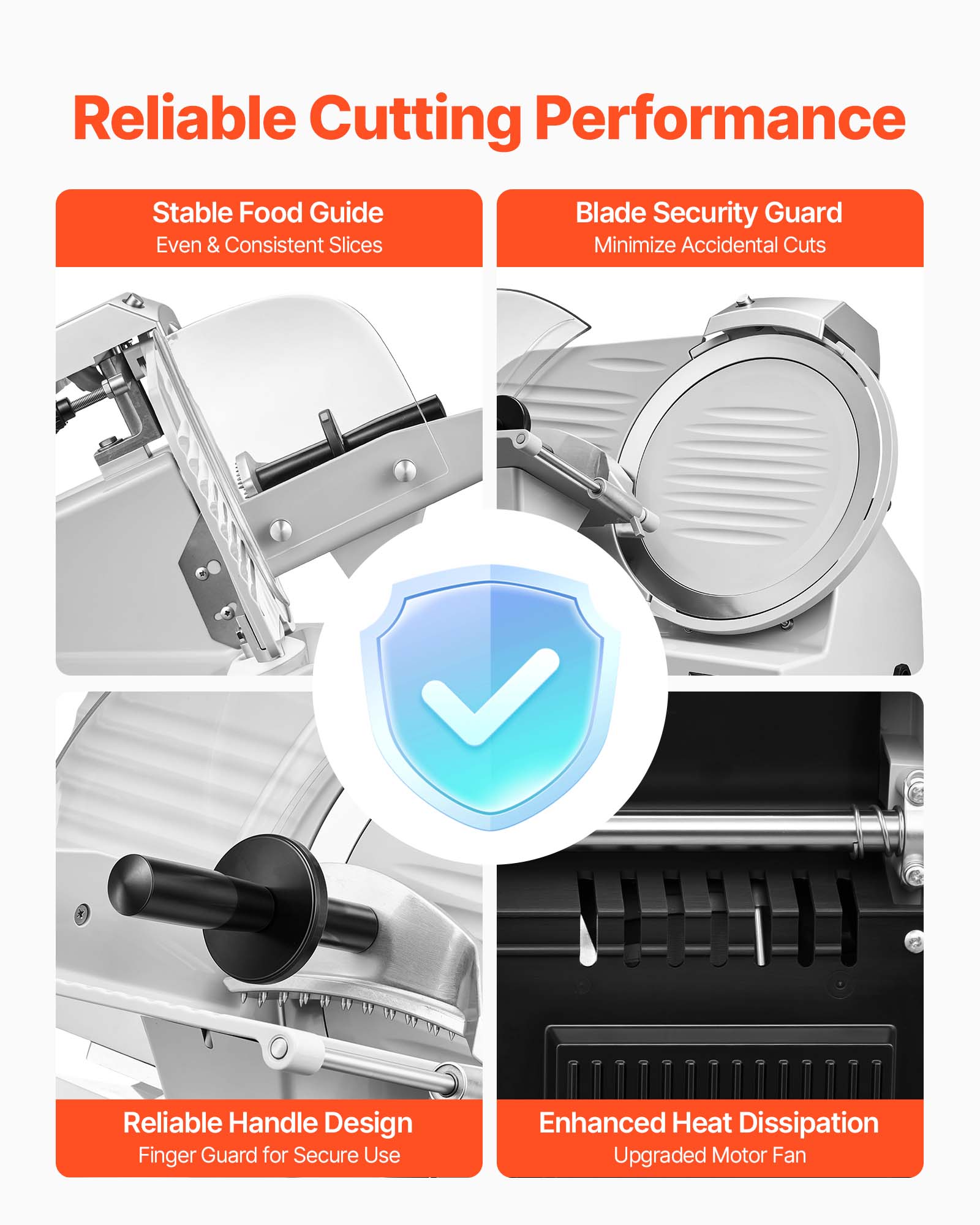 Reliable Cutting Performance

- Stable Food Guide
  - Even & Consistent Slices

- Blade Security Guard
  - Minimize Accidental Cuts

- Reliable Handle Design
  - Finger Guard for Secure Use

- Enhanced Heat Dissipation
  - Upgraded Motor Fan