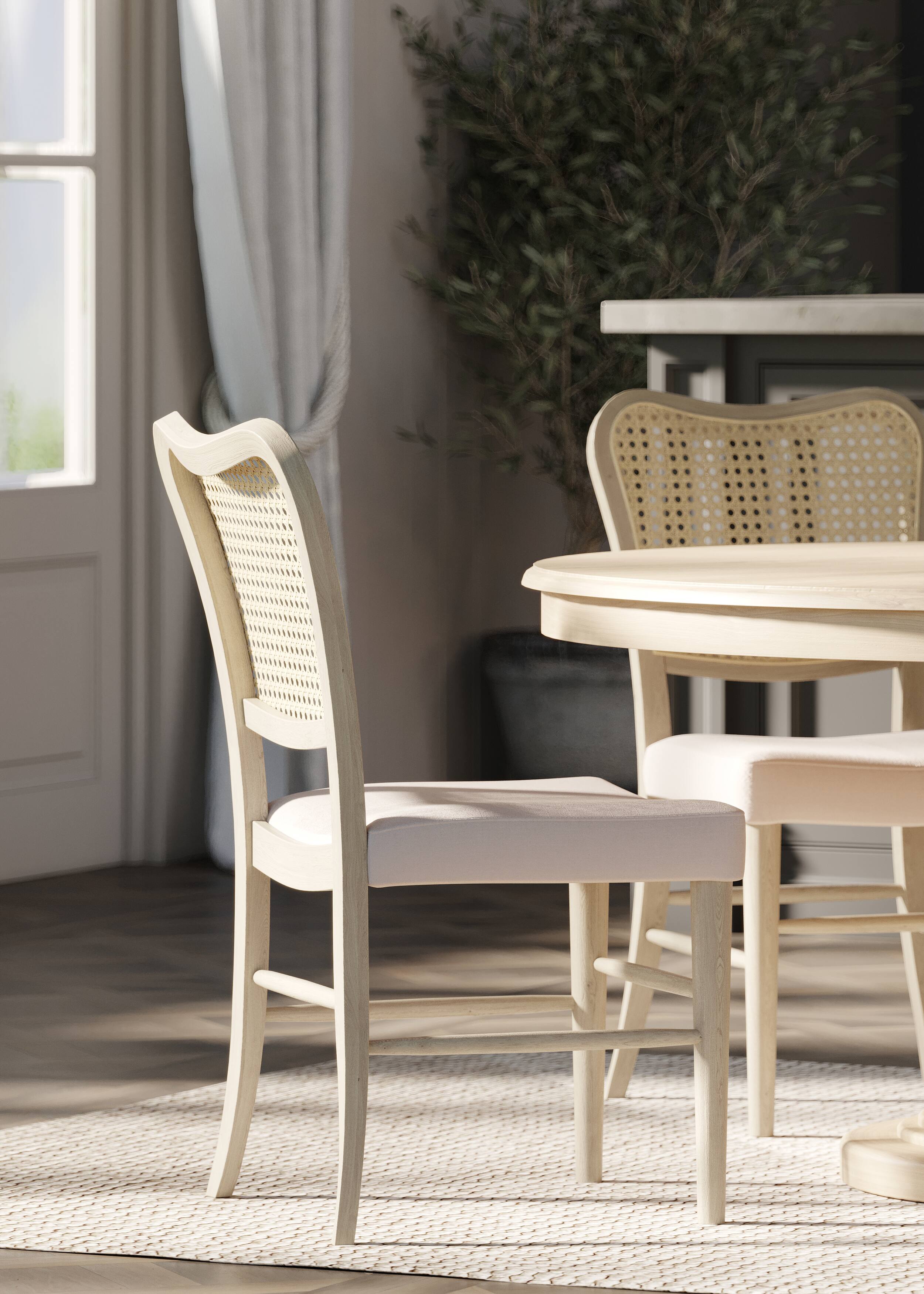 Alt View 1. Maven Lane - 19" Vera Classical Wooden Dining Chair in Antiqued White Finish with Cream Weave Fabric Upholstery, Set of 2 - Antiqued White.