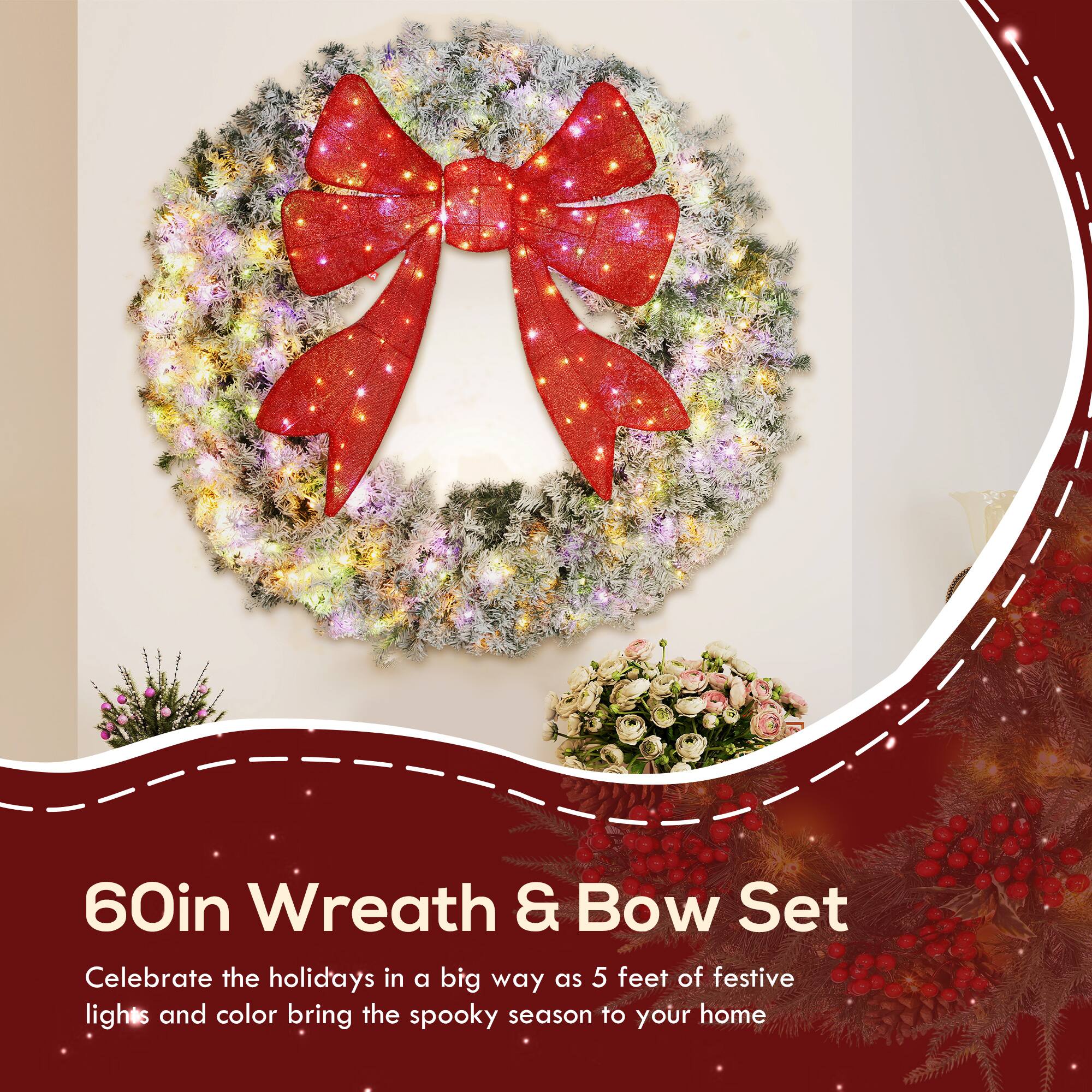 60in Wreath & Bow Set

Celebrate the holidays in a big way as 5 feet of festive lights and color bring the spooky season to your home