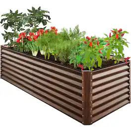 Best Choice Products - 8x4x2ft Outdoor Metal Raised Garden Bed for Vegetables Flowers Herbs - Dark Brown Wood Grain
