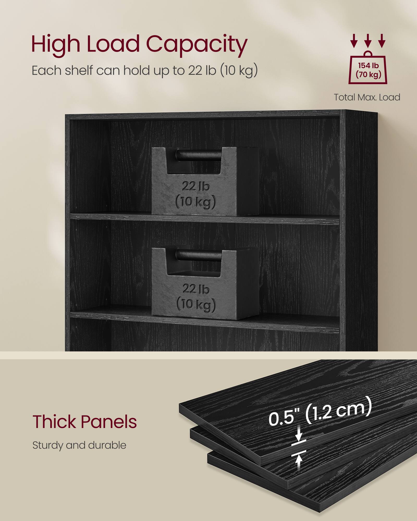 High Load Capacity  
Each shelf can hold up to 22 lb (10 kg)  
Total Max. Load 154 lb (70 kg)  

Thick Panels  
Sturdy and durable  
0.5" (1.2 cm)