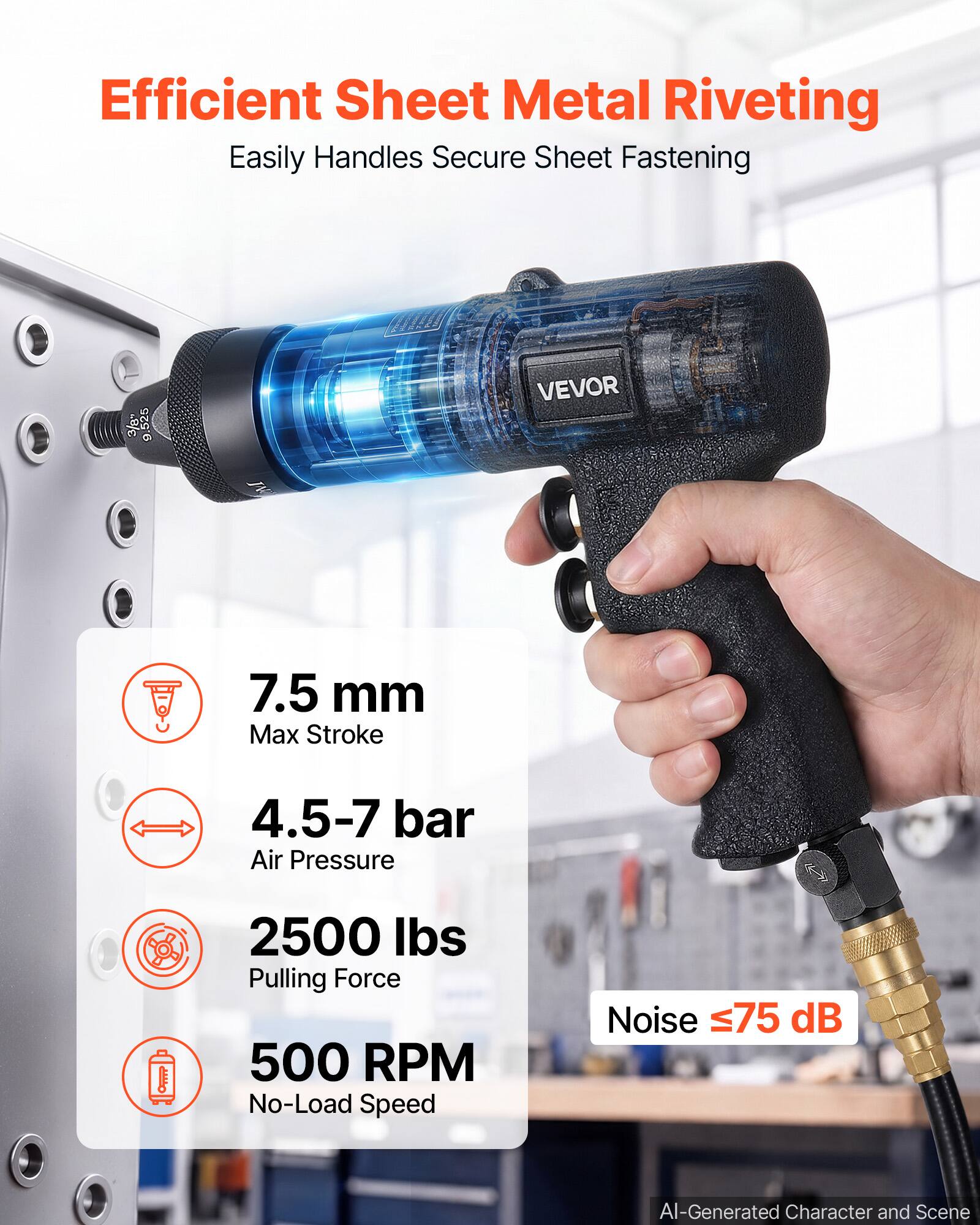 Efficient Sheet Metal Riveting Easily Handles Secure Sheet Fastening

VEVOR

7.5 mm Max Stroke
4.5-7 bar Air Pressure
2500 lbs Pulling Force
500 RPM No-Load Speed
Noise ≤75 dB

AI-Generated Character and Scene