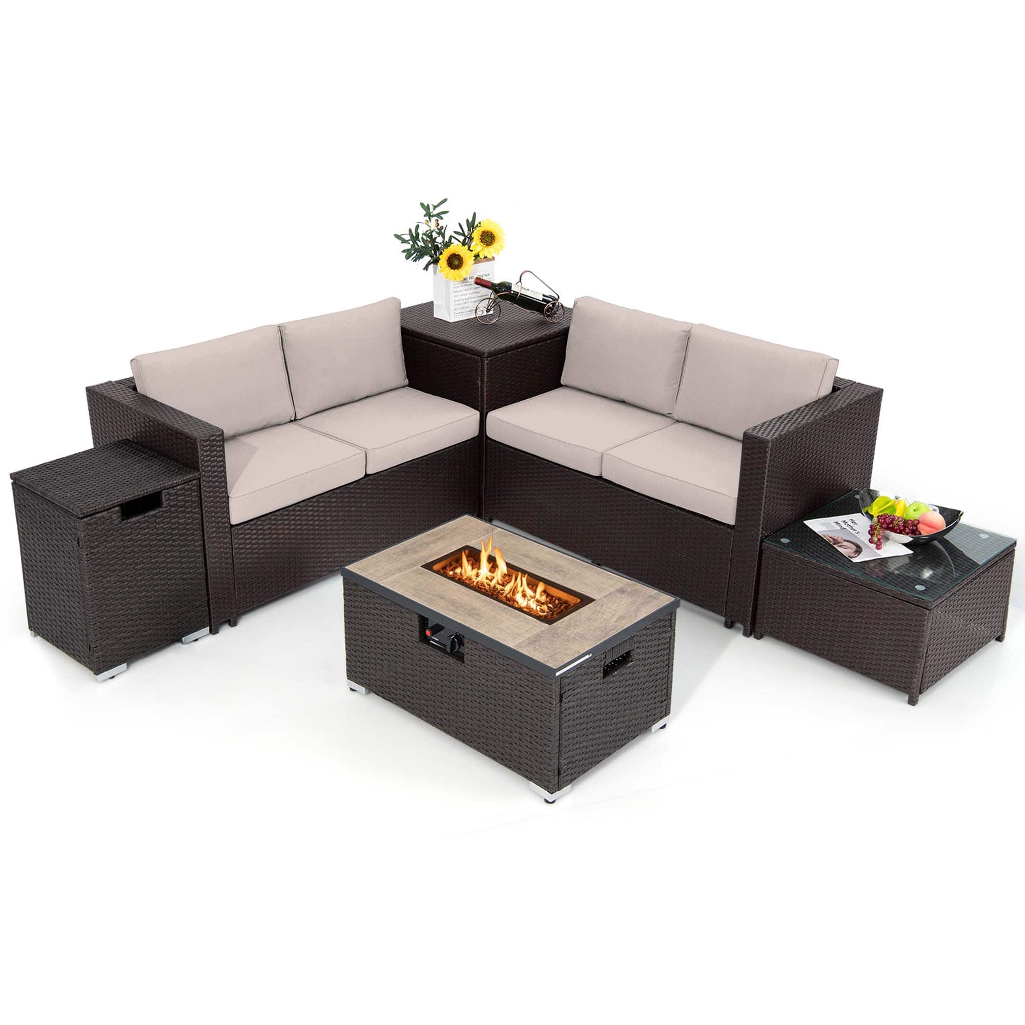 "Costway - 6PCS Patio Rattan Furniture Set 32"" Fire Pit Table Tank Holder with Cover - Beige" price history on PriceWatchPro