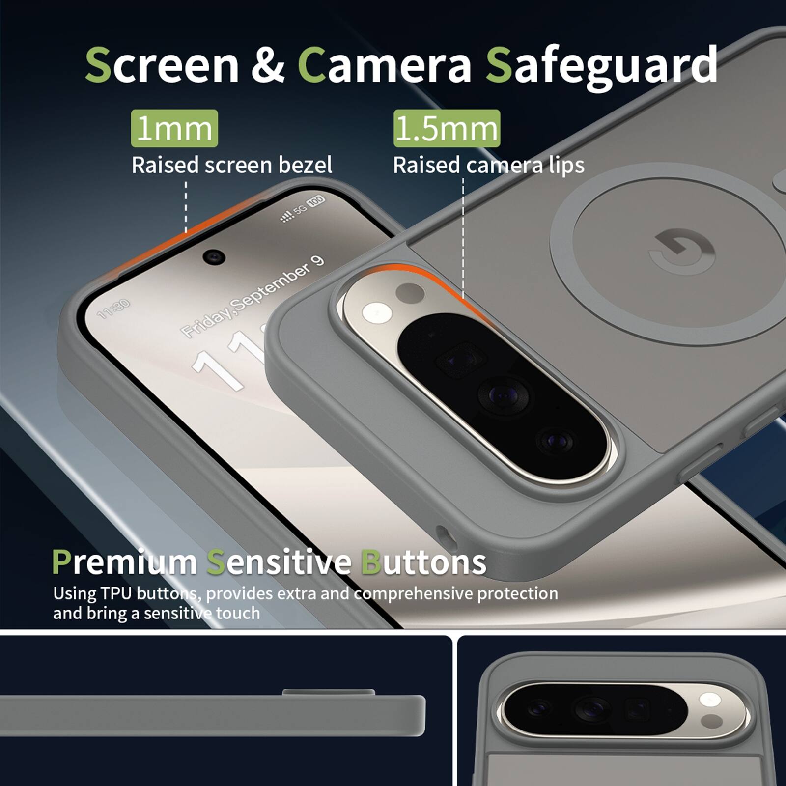 Screen & Camera Safeguard  
1mm Raised screen bezel  
1.5mm Raised camera lips  

Premium Sensitive Buttons  
Using TPU buttons, provides extra and comprehensive protection and bring a sensitive touch