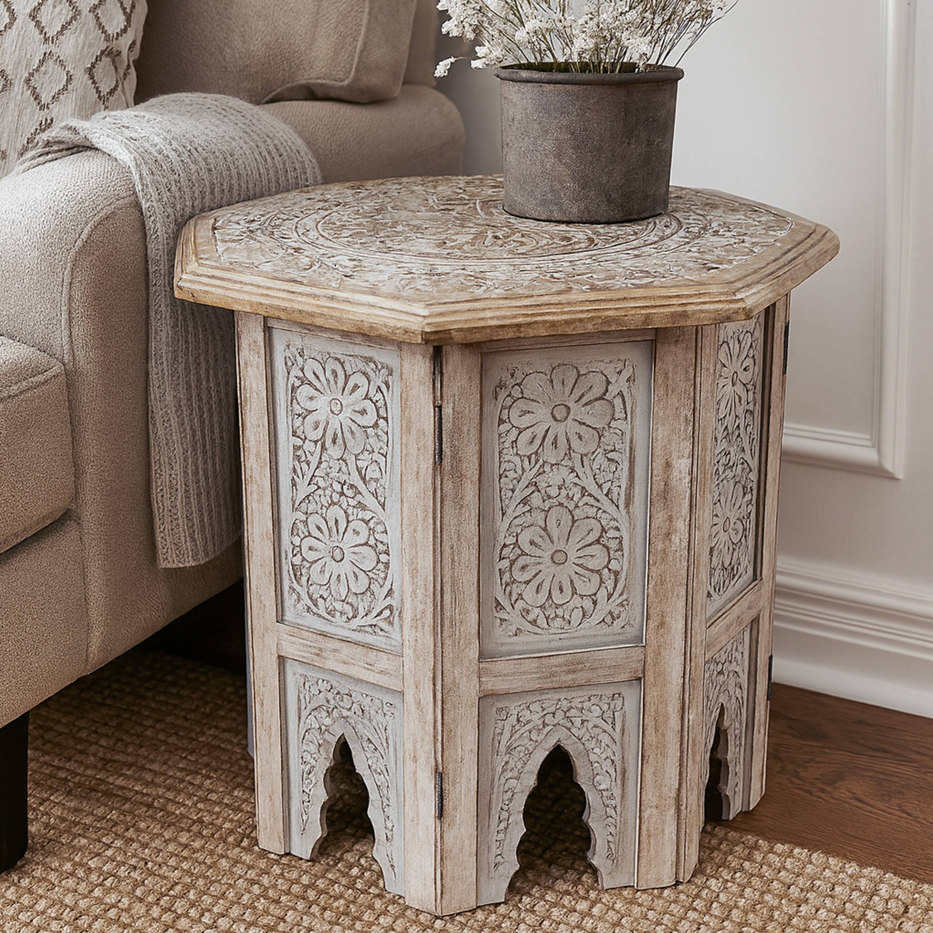 Alt View 4. Manhattan Lane - 18 Inch Handcrafted Farmhouse Side Table, Engraved Carved Design, Mango Wood, Octagonal Top - Brown.
