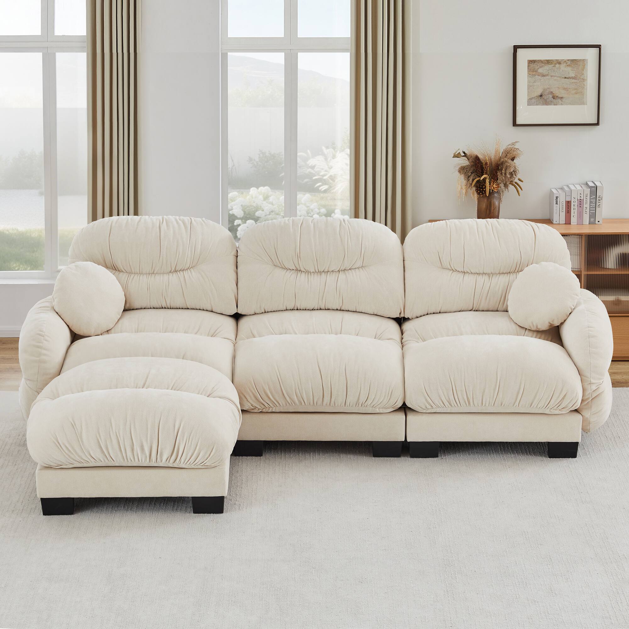 Back. Anysun - 3 Seater L Shape Sectional Couch with Ottoman, Chenille Fabric, High-Density Foam & Curved Armrests for Living Room - Beige.