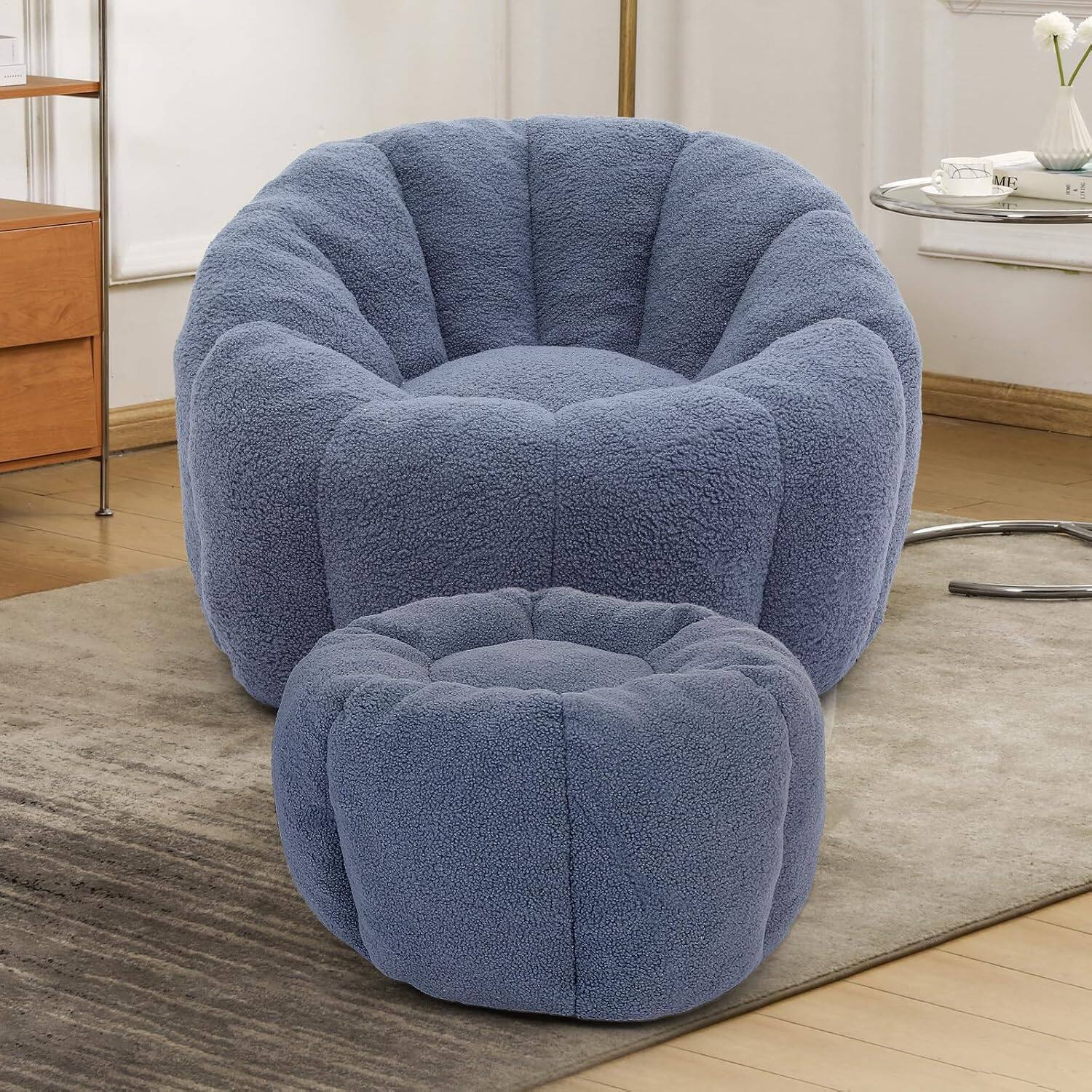 Alt View 2. Trinkets Crazed - Tufted Teddy Plush Bean Bag Chair & Footrest Ottoman, Oversized Comfy Lounge Sofa - light blue.