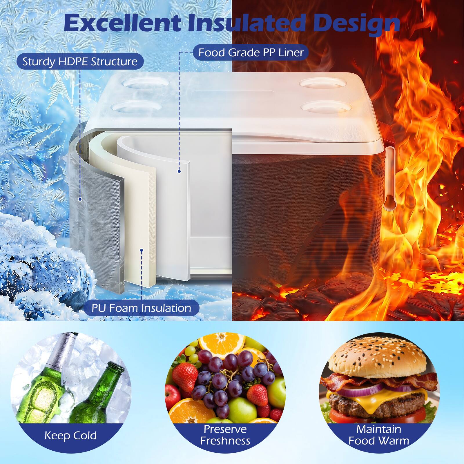 Excellent Insulated Design  
Food Grade PP Liner  
Sturdy HDPE Structure  
PU Foam Insulation  
Keep Cold  
Preserve Freshness  
Maintain Food Warm