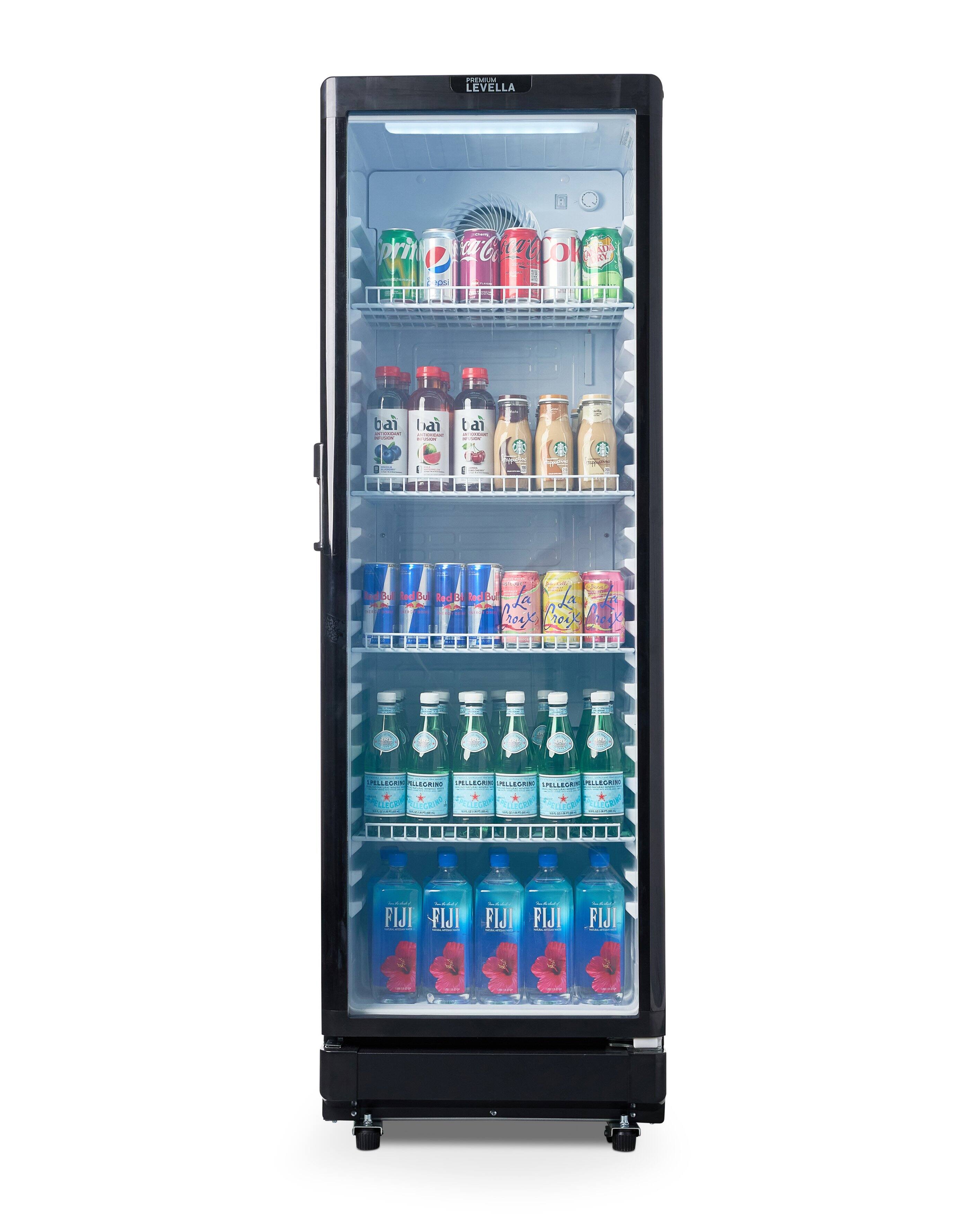 The image shows a refrigerator with a variety of drinks inside. There are multiple bottles of water, juice, and soda, as well as a few cans of soda. The refrigerator is stocked with a wide selection of beverages, making it a convenient place for people to grab a drink.
