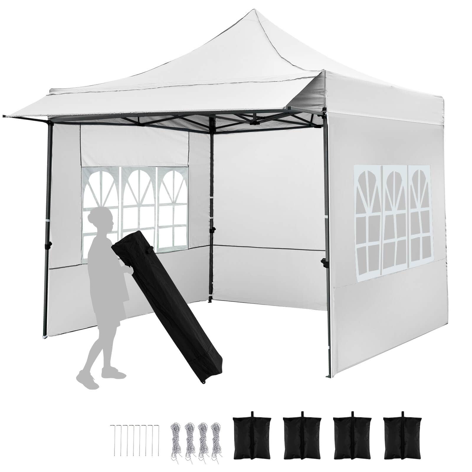 Costway - 10 x 10 FT Pop up Canopy Tent with Sidewalls & Awning, Wheeled Bag, Sandbags, Stake - White