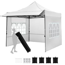 Costway - 10 x 10 FT Pop up Canopy Tent with Sidewalls & Awning, Wheeled Bag, Sandbags, Stake - White
