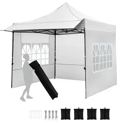 Front. Costway - Costway 10 x 10 FT Pop up Canopy Tent with Sidewalls & Awning, Wheeled Bag, Sandbags, Stake - White.