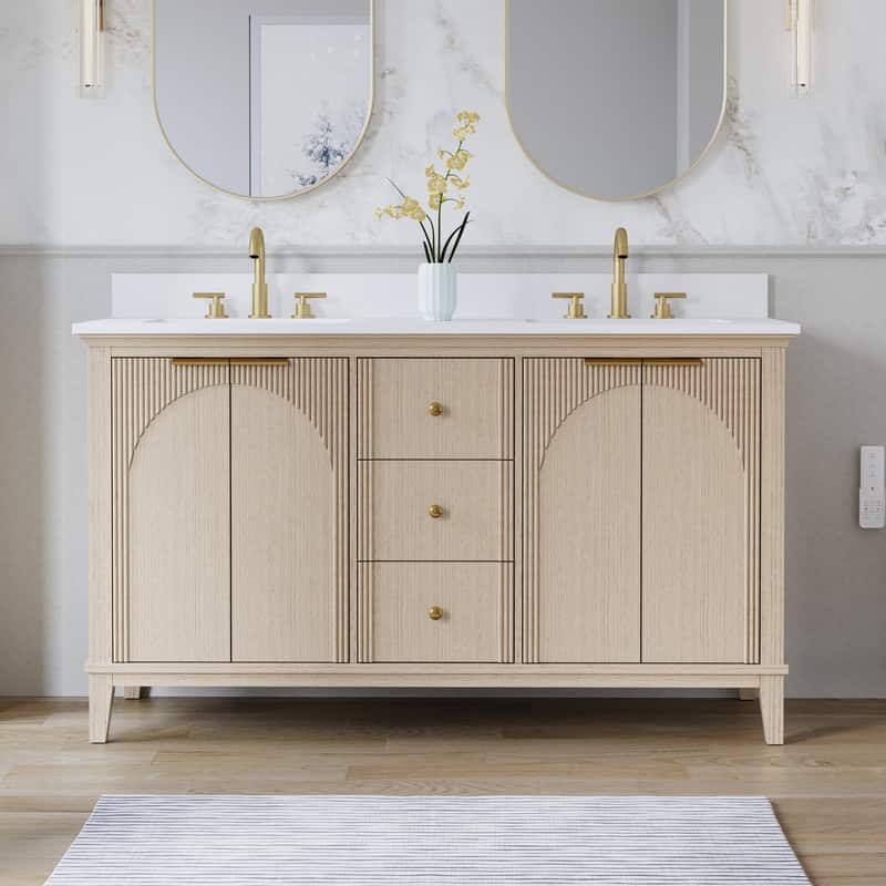WELLFOR - 60 in Modern Solid Wood Bathroom Vanity with Double Sink, Bathroom Cabinet with Soft-Close 4 Doors& 3 Drawers - Oak