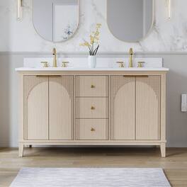 WELLFOR - 60 in Modern Solid Wood Bathroom Vanity with Double Sink, Bathroom Cabinet with Soft-Close 4 Doors& 3 Drawers - Oak