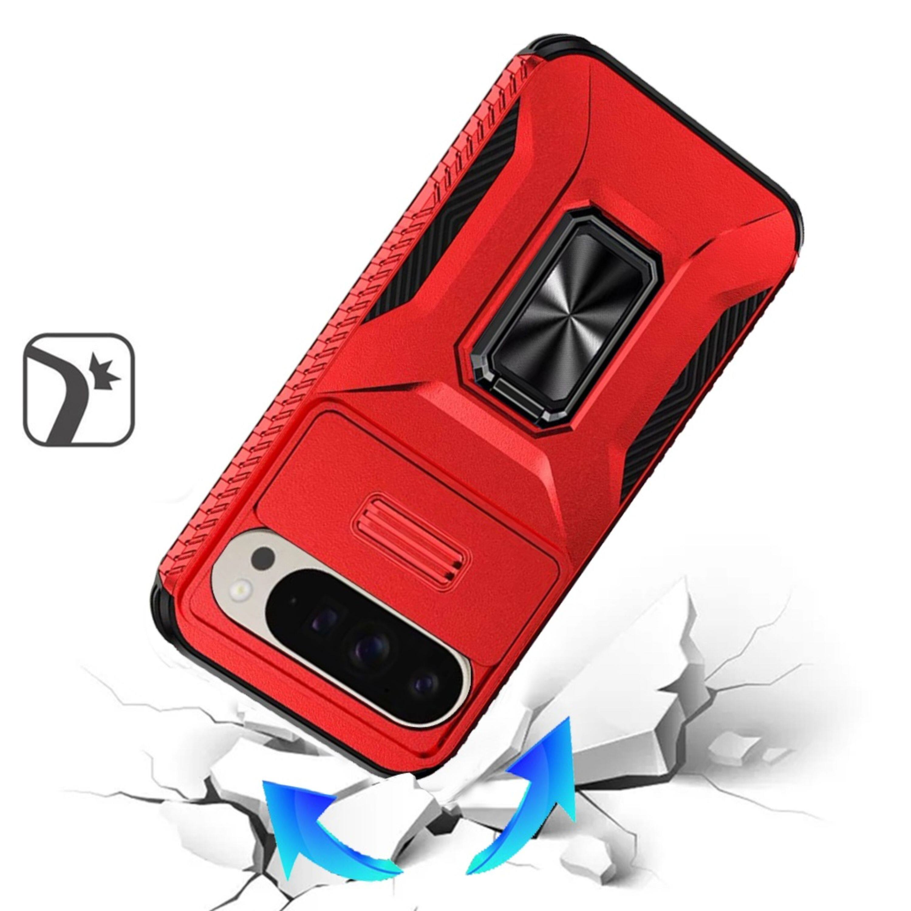 Angle. Kitcheniva - Full Protection Phone Case With Metal Stand Lens Cover & Tempered Glass For Google Pixel 10 Pro XL Red - Red.