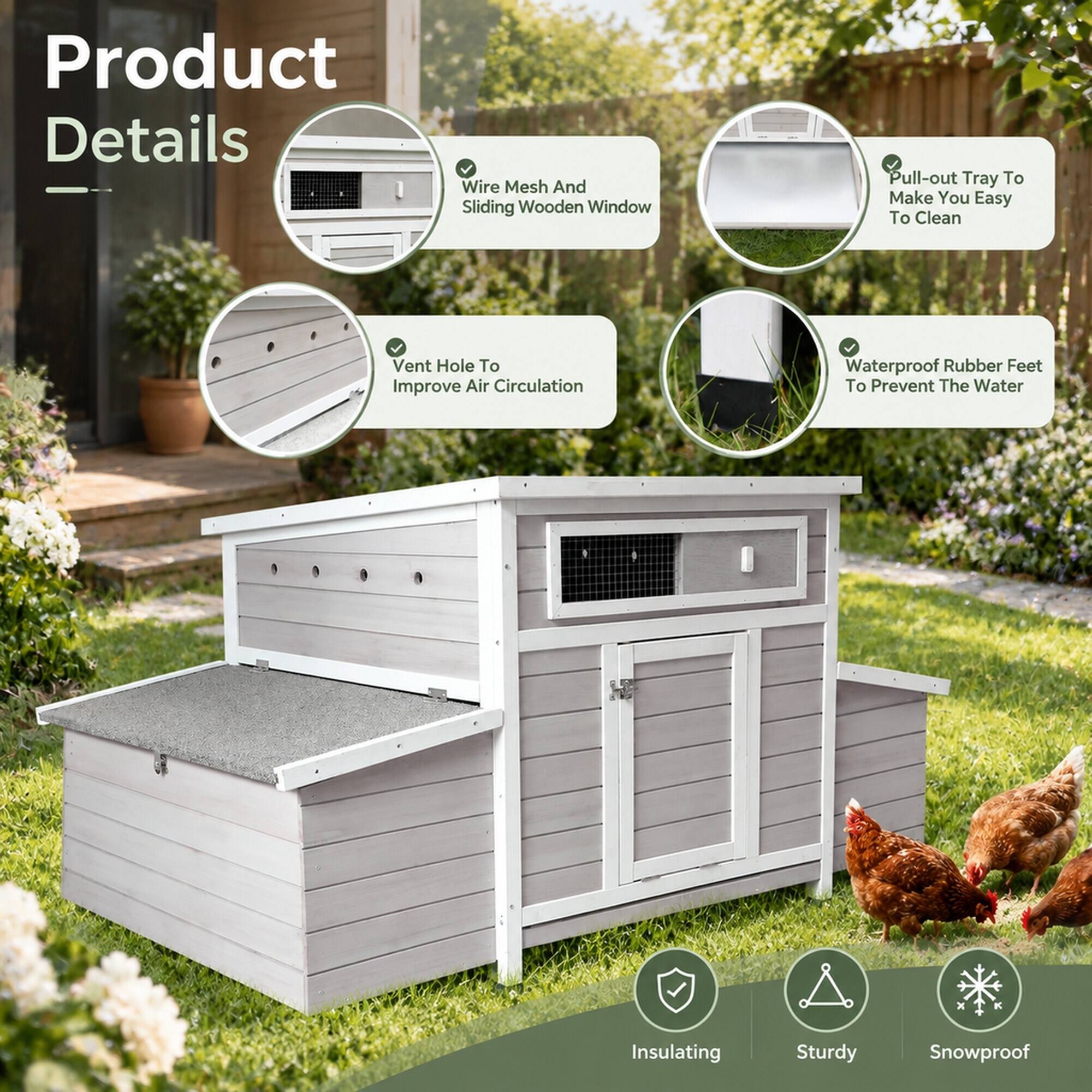 Product Details

- Wire Mesh And Sliding Wooden Window
- Pull-out Tray To Make You Easy To Clean
- Vent Hole To Improve Air Circulation
- Waterproof Rubber Feet To Prevent The Water

X

- Insulating
- Sturdy
- Snowproof