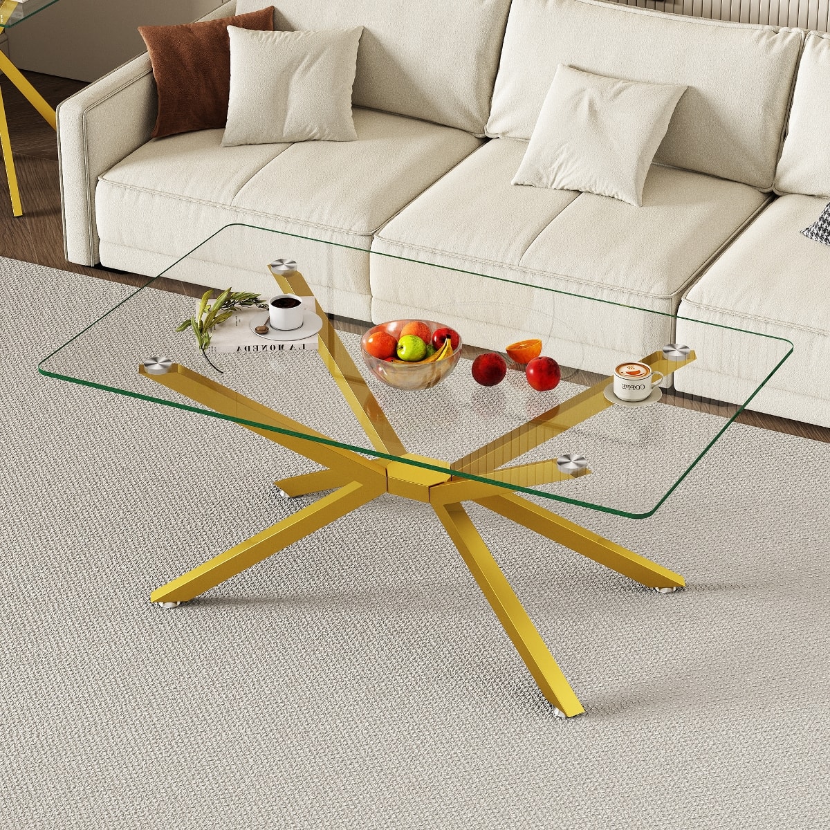 Loheer - Rectangular Glass Coffee Table with Gold Metal Legs, 39.37 in for Living Room - Transparent