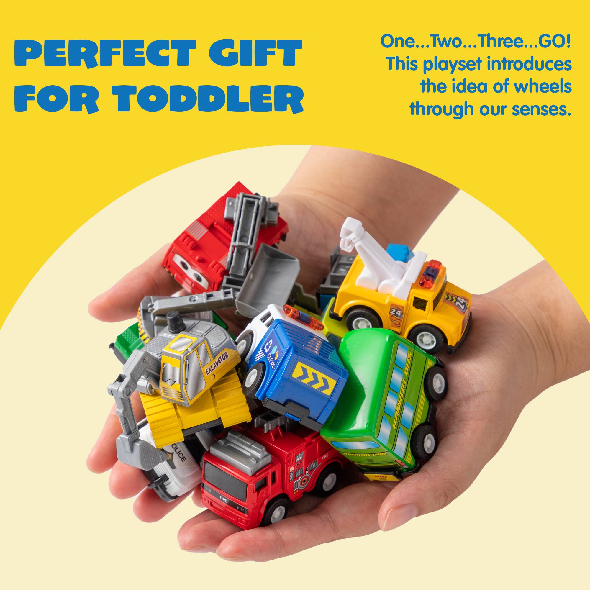 One... Two... Three... GO! This playset introduces the idea of wheels through our senses. PERFECT GIFT FOR TODDLER