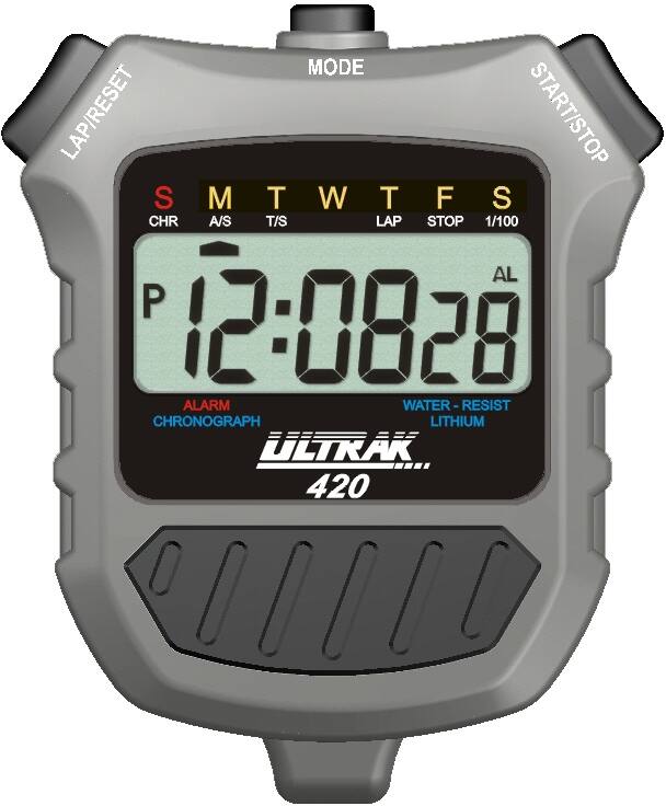 MODE LAP/RESET START/STOP  
S M T W T F S  
CHR A/S T/S LAP STOP 1/100  
AL  
P 12:08:28  
ALARM  
CHRONOGRAPH  
WATER-RESIST  
LITHIUM  
ULTRAK 420