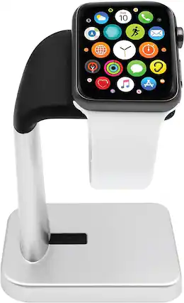Front. Macally - Macally Apple Watch Stand for Series Ultra 11,10, 9, 8, 7, 6, 5, 4, 3, 2, 1, SE (49mm 45mm 44mm 42mm 41mm 40mm 38mm) - Silver.