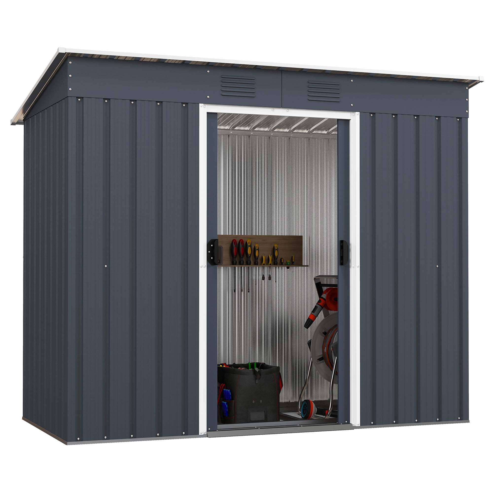 Costway - 3.6' x 7.1' Outside Garden Storage Shed Tool House with Ground Foundation Frame - Gray