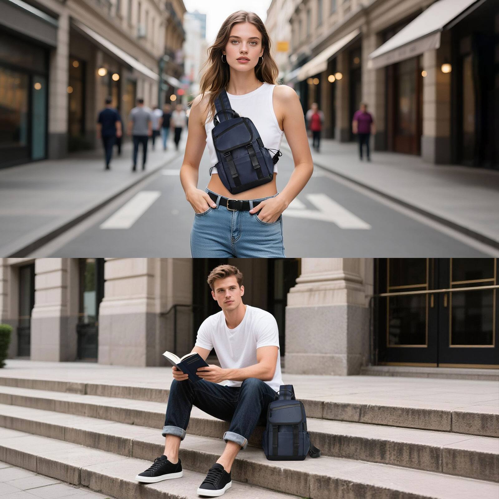 Alt View 5. Unique Bargains - Small Backpack Convertible Crossbody Bags with USB Charge Port Lightweight Casual Sling Shoulder for Outdoor Travel - Dark Blue.