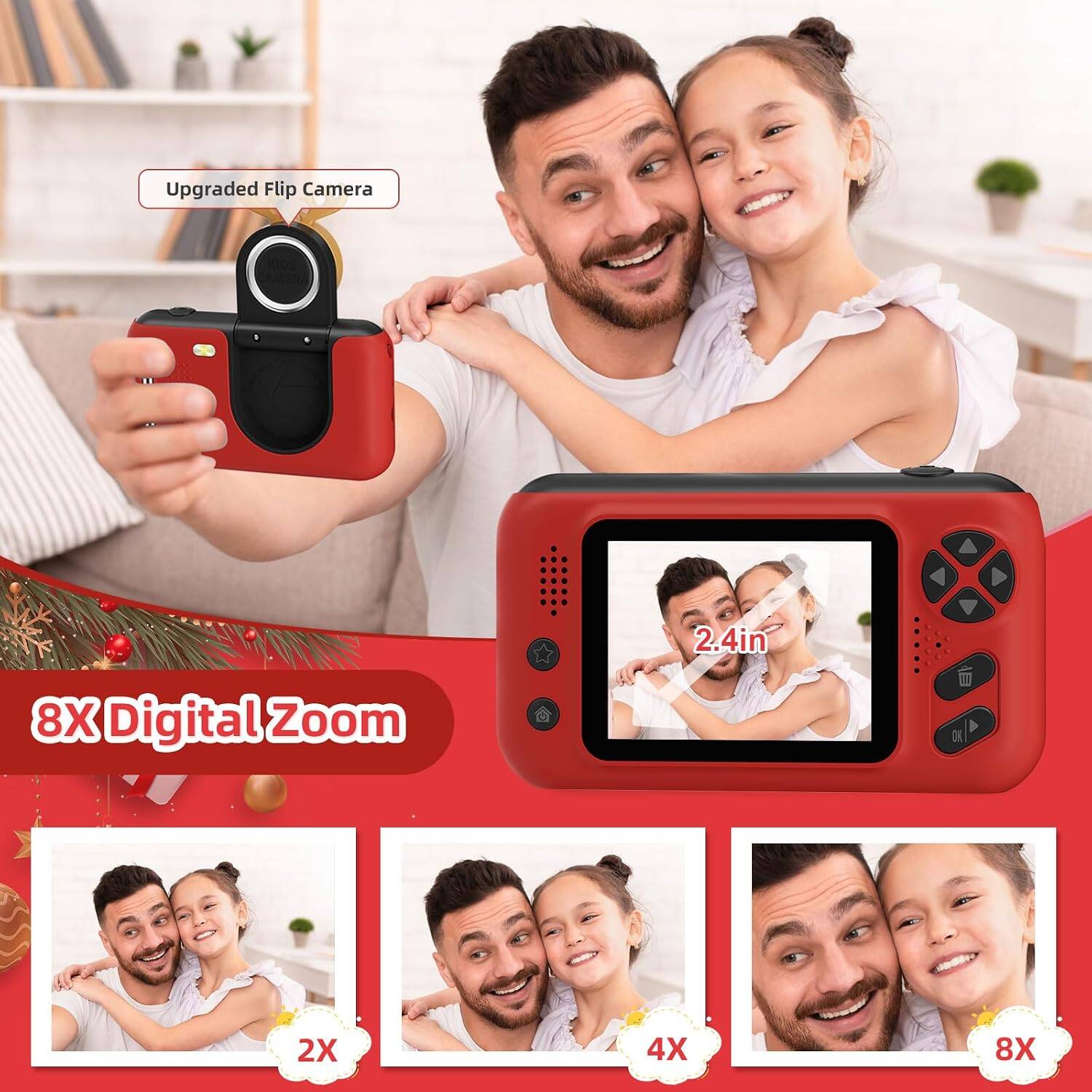 Upgraded Flip Camera  
2.4in  
8X Digital Zoom  
2X  
4X  
8X