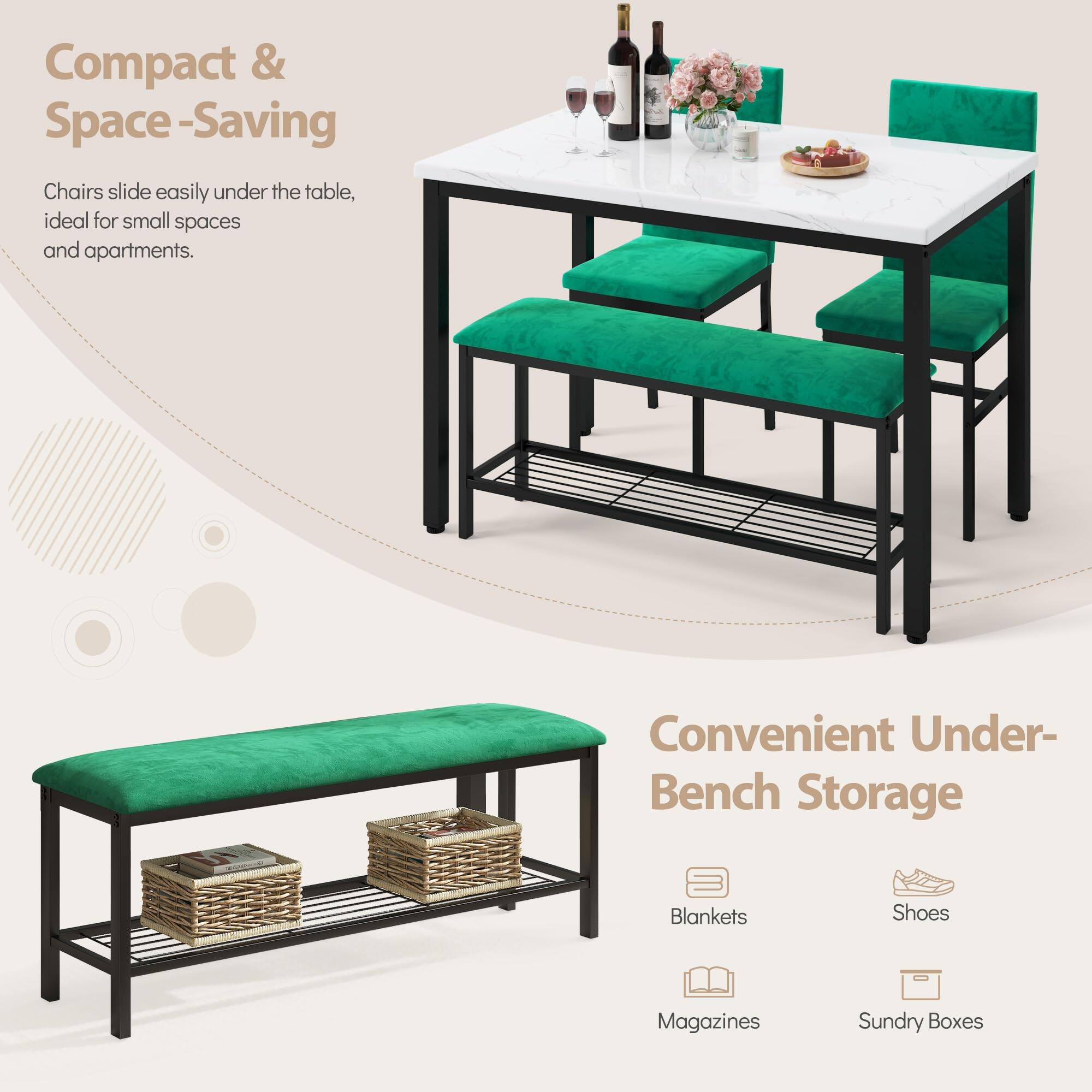 Compact & Space-Saving  
Chairs slide easily under the table, ideal for small spaces and apartments.  

Convenient Under-Bench Storage  
Blankets  
Shoes  
Magazines  
Sundry Boxes