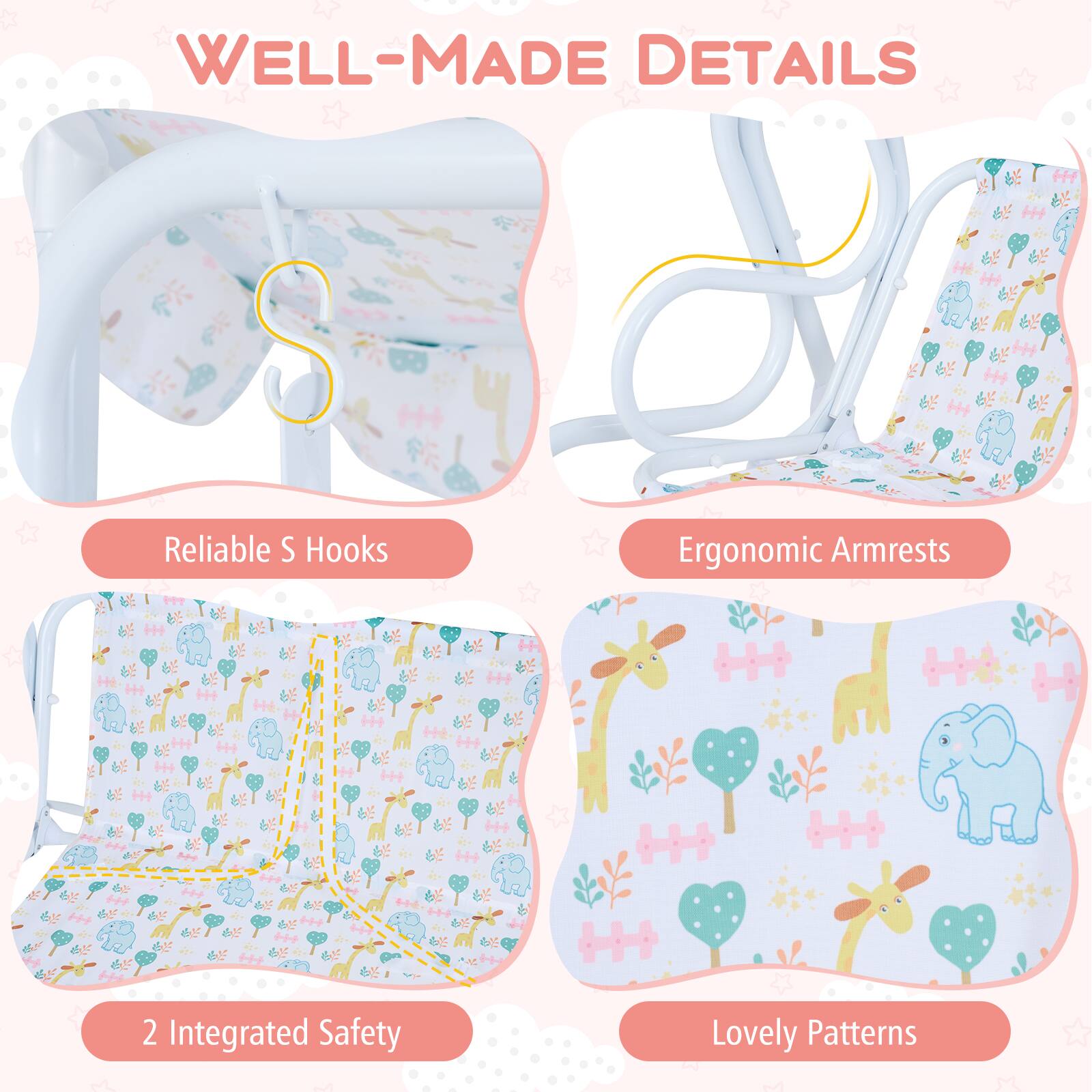 WELL-MADE DETAILS

- Reliable S Hooks
- Ergonomic Armrests
- 2 Integrated Safety
- Lovely Patterns