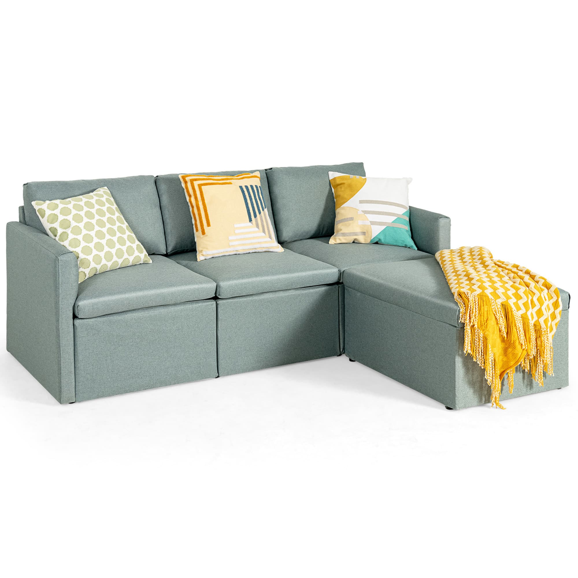 Gymax - Convertible L-shaped Sectional Sofa Couch Chaise w/ Ottoman Cushions Green - Green
