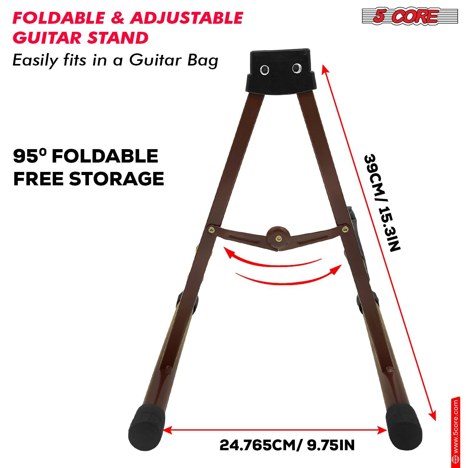 FOLDABLE & ADJUSTABLE GUITAR STAND  
Easily fits in a Guitar Bag  

95° FOLDABLE FREE STORAGE  

39CM / 15.3IN  
24.765CM / 9.75IN  

www.5core.com