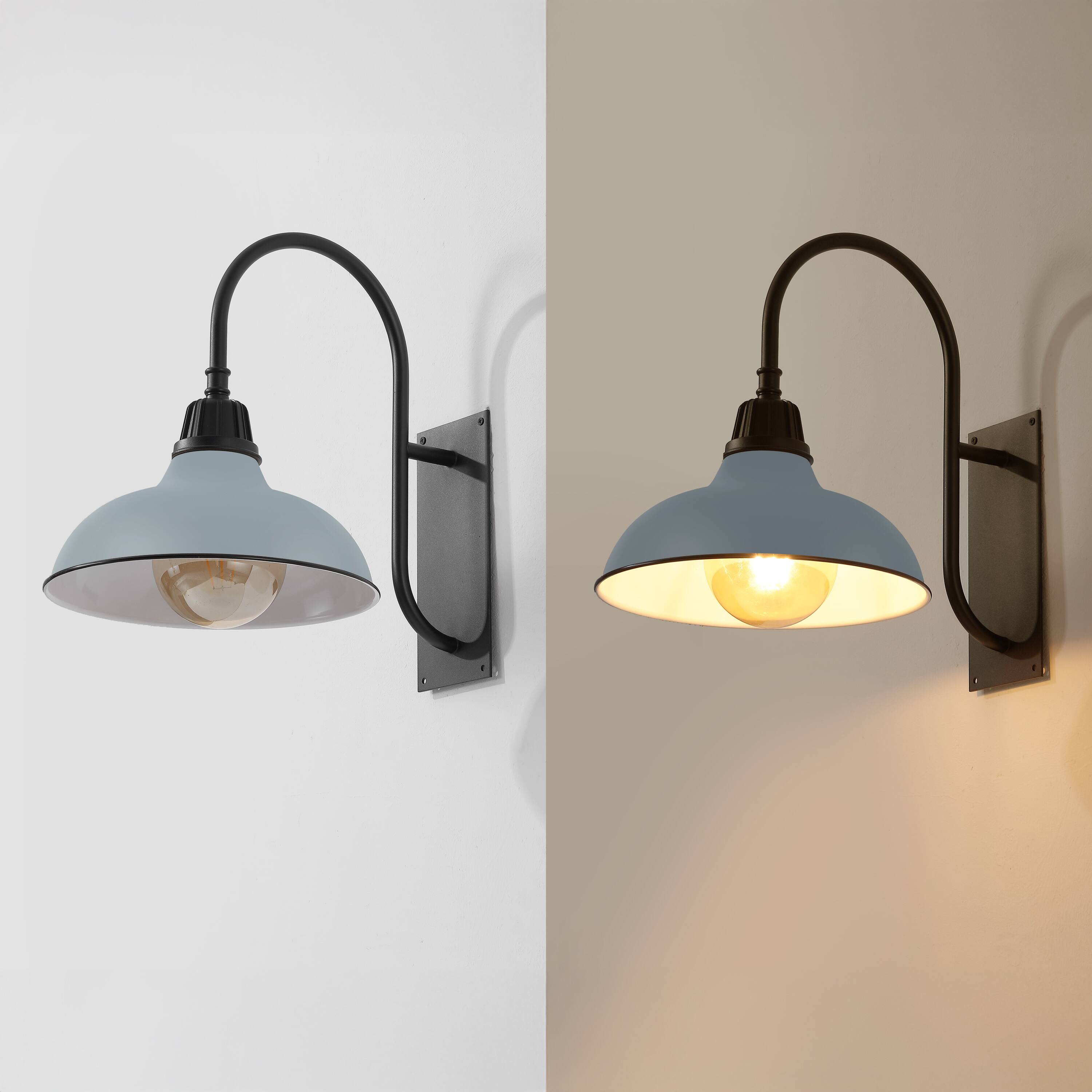 Alt View 4. Jonathan Y - Stanley 12.25" 1-Light Farmhouse Industrial Indoor/Outdoor Iron LED Gooseneck Arm Outdoor Sconce, Matte Silver Blue - Matte Silver Blue/Black.