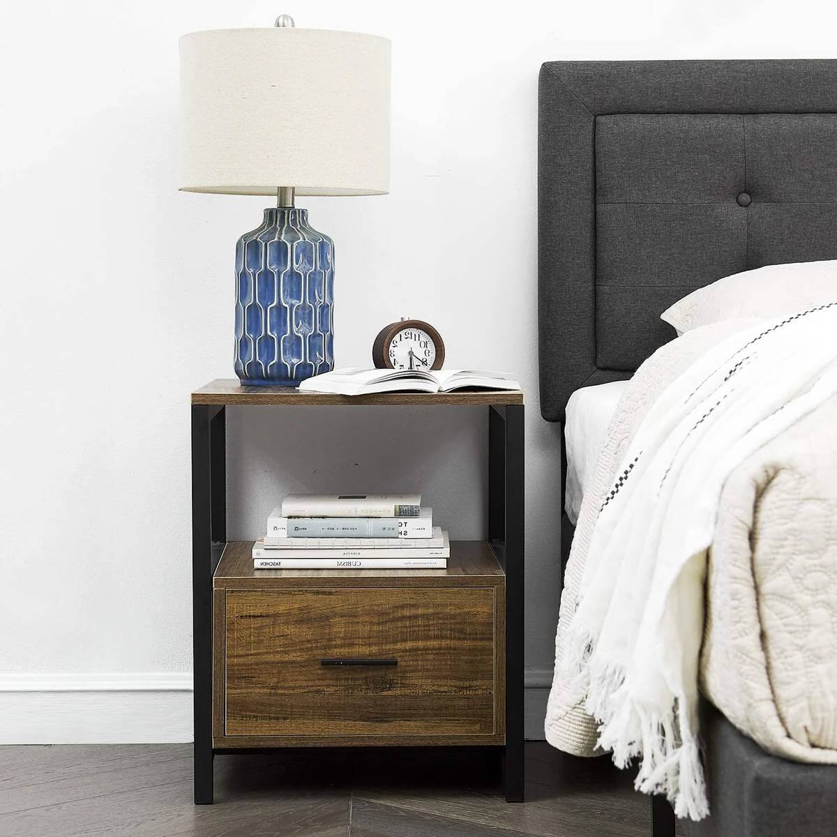 Left. Hivvago - Hivvago Set of 2 - Modern Metal Wood Side End Table Nightstand with Storage Drawer - Brown.