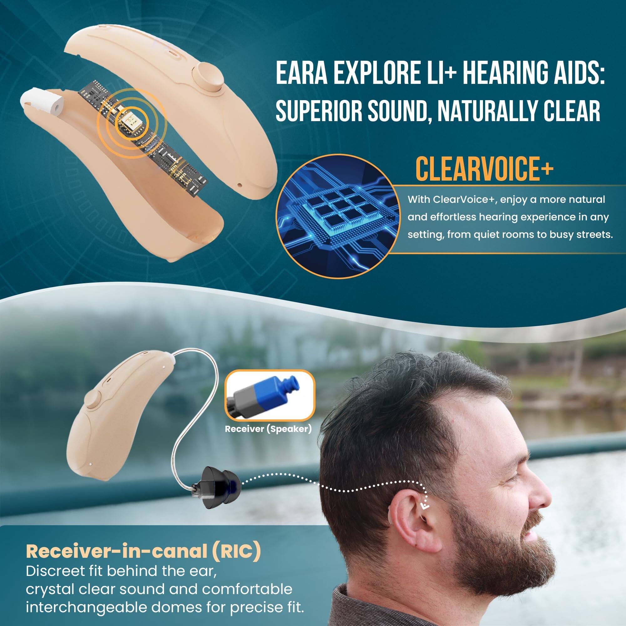 **EARA EXPLORE LI+ HEARING AIDS: SUPERIOR SOUND, NATURALLY CLEAR**

**CLEARVOICE+**  
With ClearVoice+, enjoy a more natural and effortless hearing experience in any setting, from quiet rooms to busy streets.

**Receiver-in-canal (RIC)**  
Discreet fit behind the ear, crystal clear sound and comfortable interchangeable domes for precise fit.