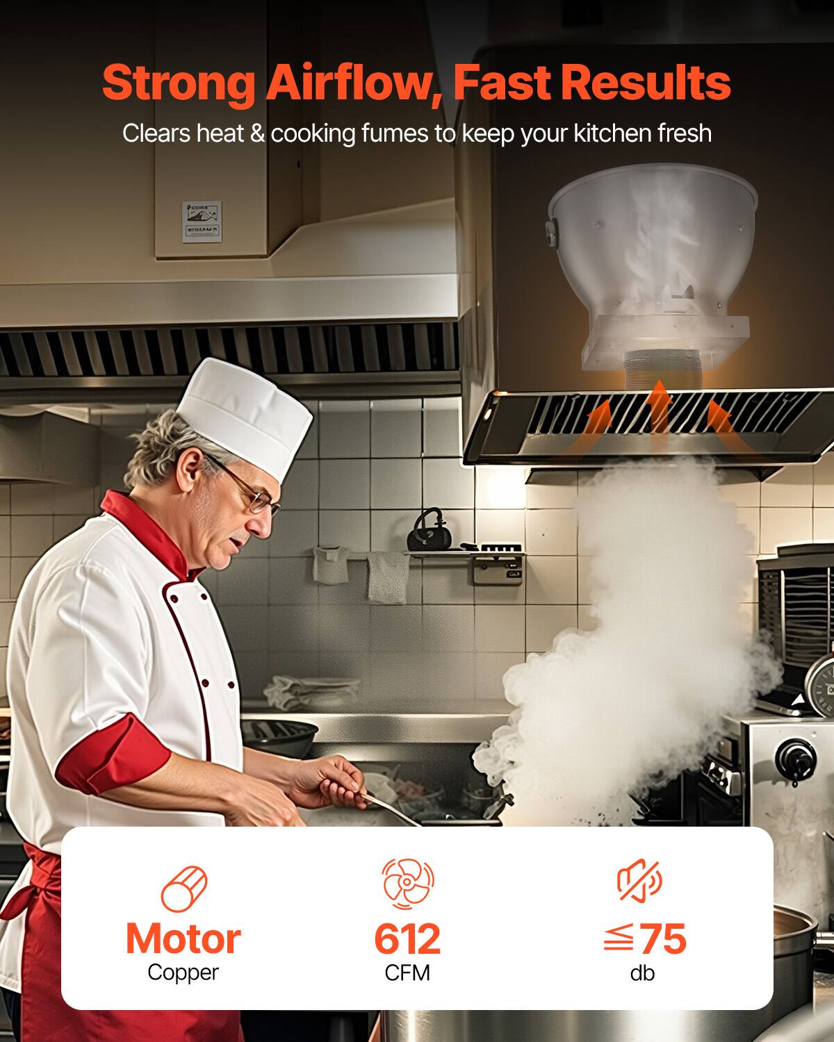 Strong Airflow, Fast Results  
Clears heat & cooking fumes to keep your kitchen fresh  

Motor: Copper  
612 CFM  
≤ 75 dB