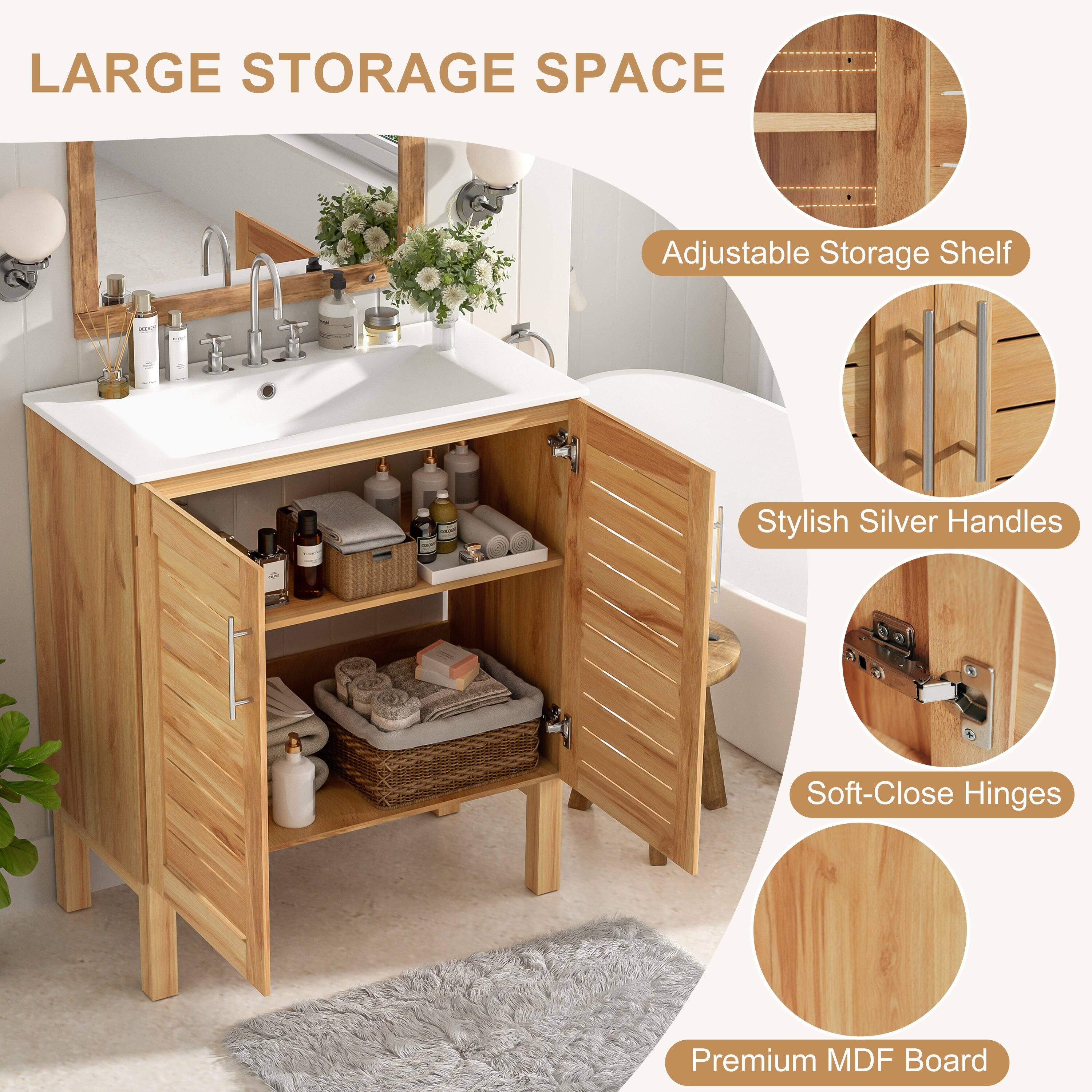 LARGE STORAGE SPACE

Adjustable Storage Shelf

Stylish Silver Handles

Soft-Close Hinges

Premium MDF Board