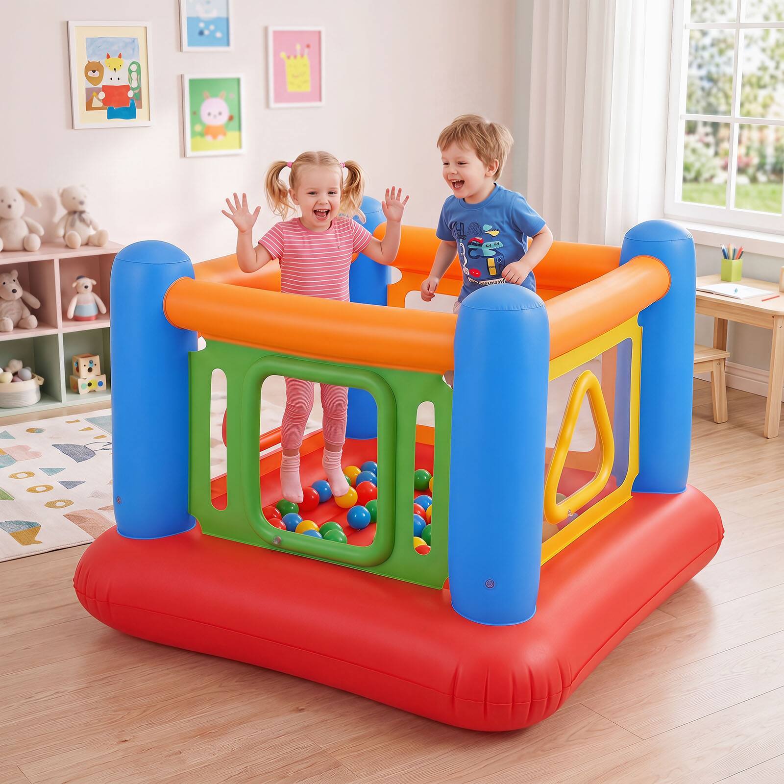 Alt View 1. Gymax - Gymax Inflatable Bounce House for Kids Blow Up Jumping House w/Transparent Side Walls Red & Blue & Orange - Blue.
