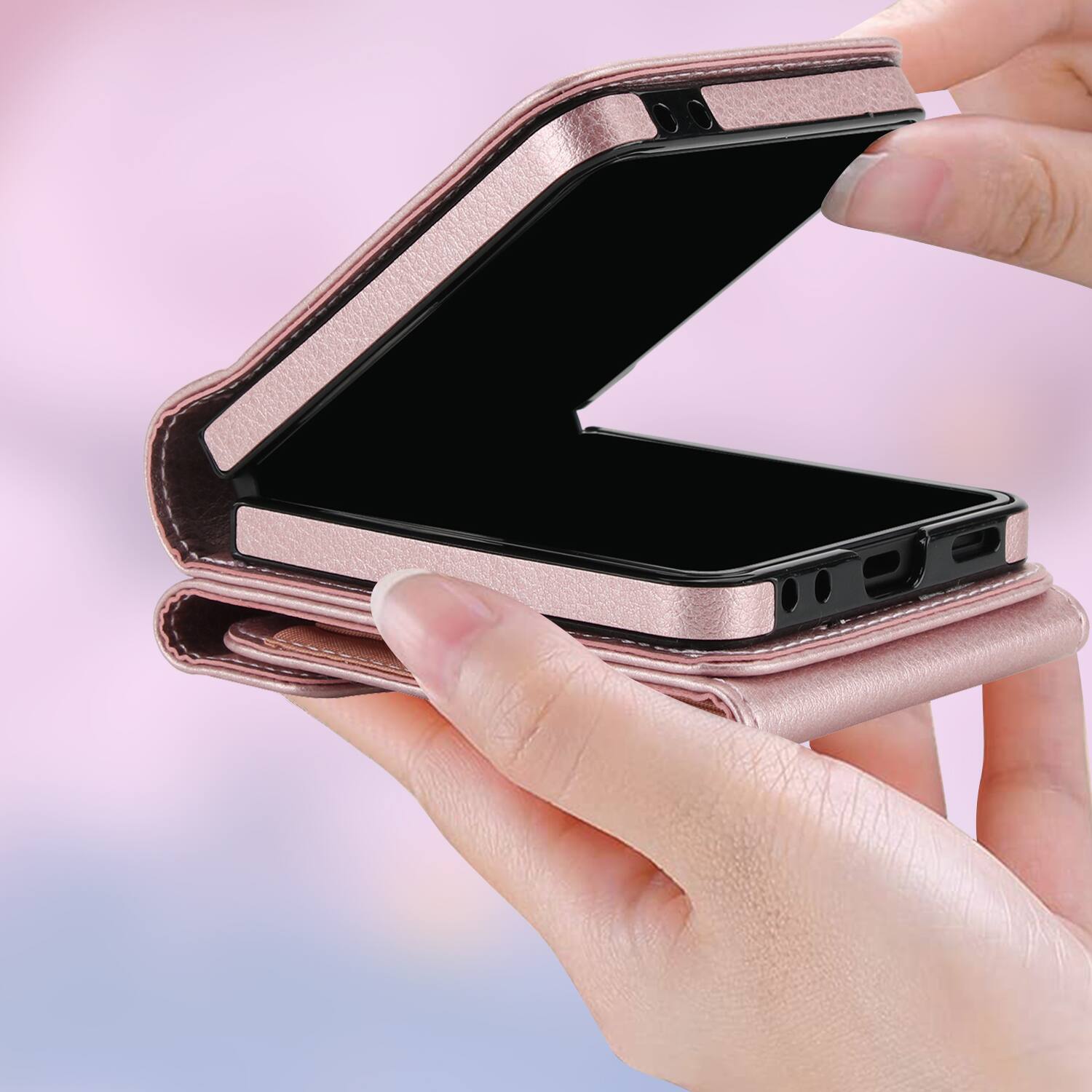 Alt View 3. Dteck - Wallet Case for Samsung Galaxy Z Flip7, Crossbody Ring Stand Faux Leather Cover with RFID Blocking Card Holder+Strap - Rosegold.