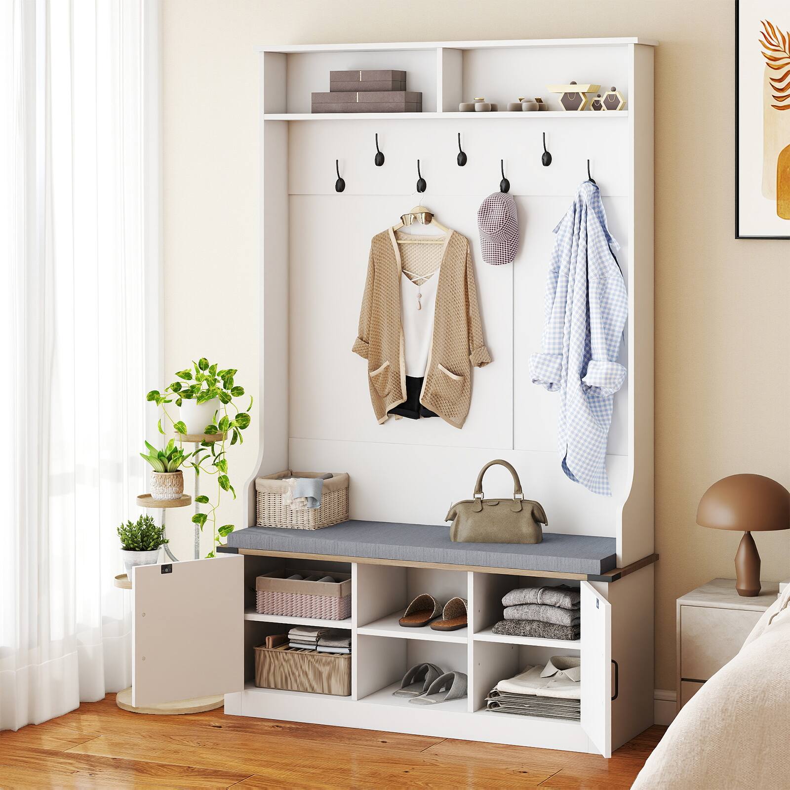 Alt View 4. Gymax - Gymax 68.5'' 4-in-1 Hall Tree w/Cushioned Bench Shoe Storage 7 Hooks 2 Cabinets White - White.