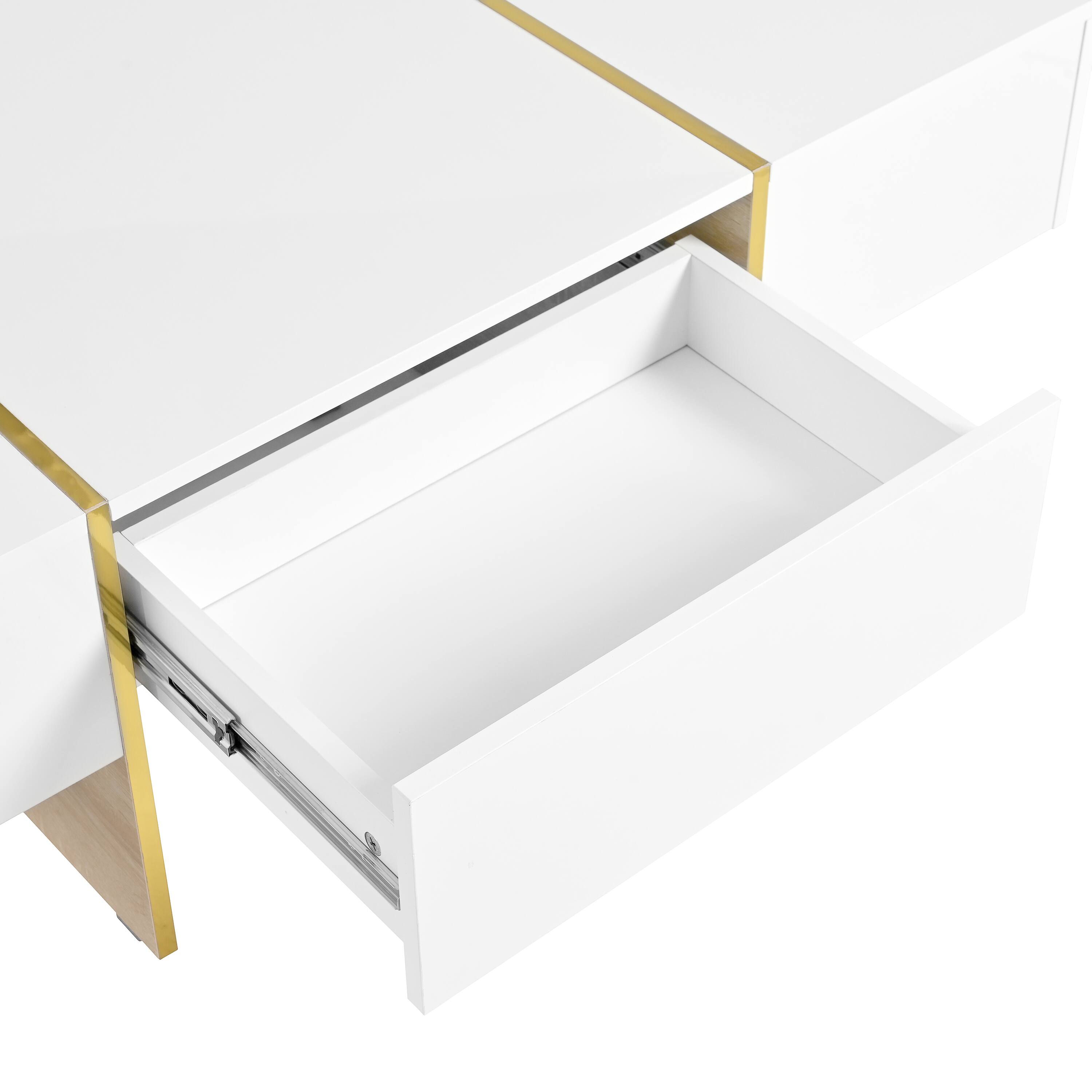 Alt View 9. Tiramisubest - Minimalist High Gloss Coffee Table with 2 Drawers,Multi-Storage Rectangle Sofa Table with Golden Wood Grain Legs,White - White.