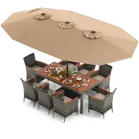 Costway 10 Pieces Patio Wicker Dining Set with Double-Sided Patio Umbrella 8 Armchairs - Coffee,Mix Brown - Front_Zoom