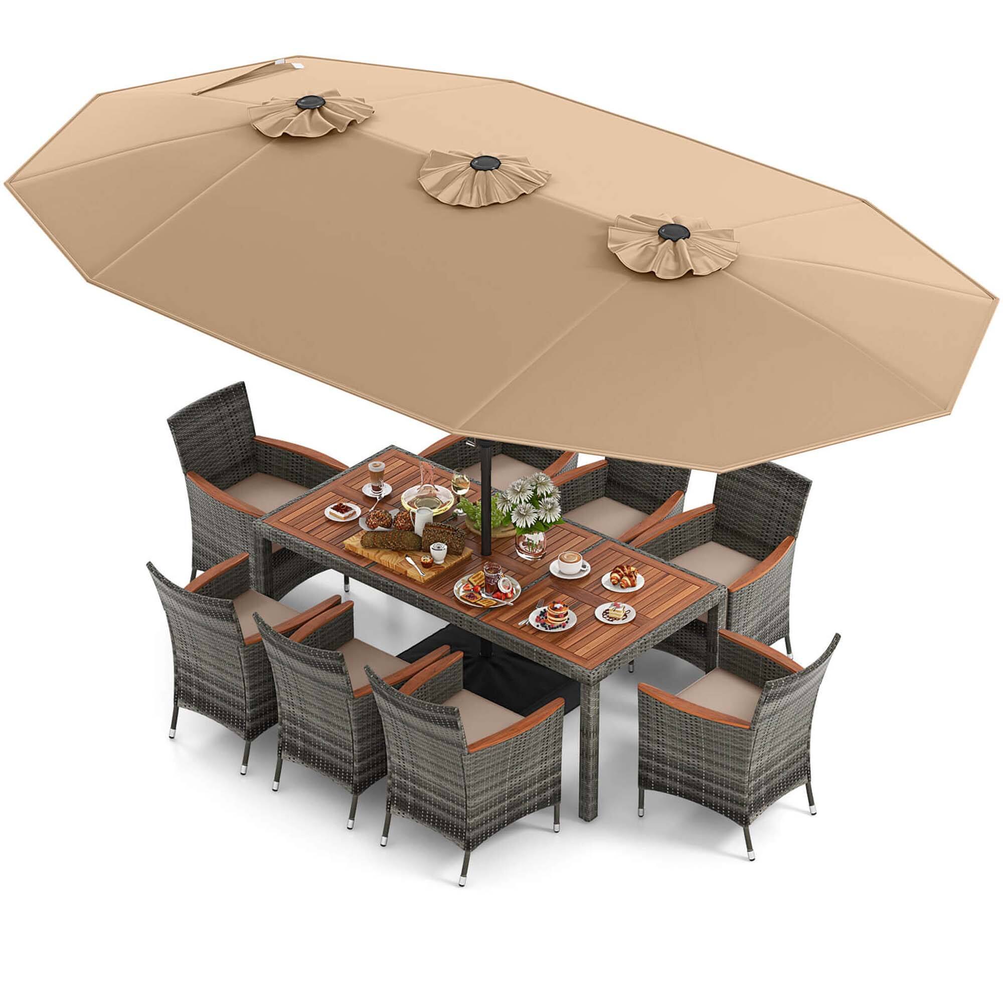 Costway - 10 Pieces Patio Wicker Dining Set with Double-Sided Patio Umbrella 8 Armchairs - Coffee,Mix Brown