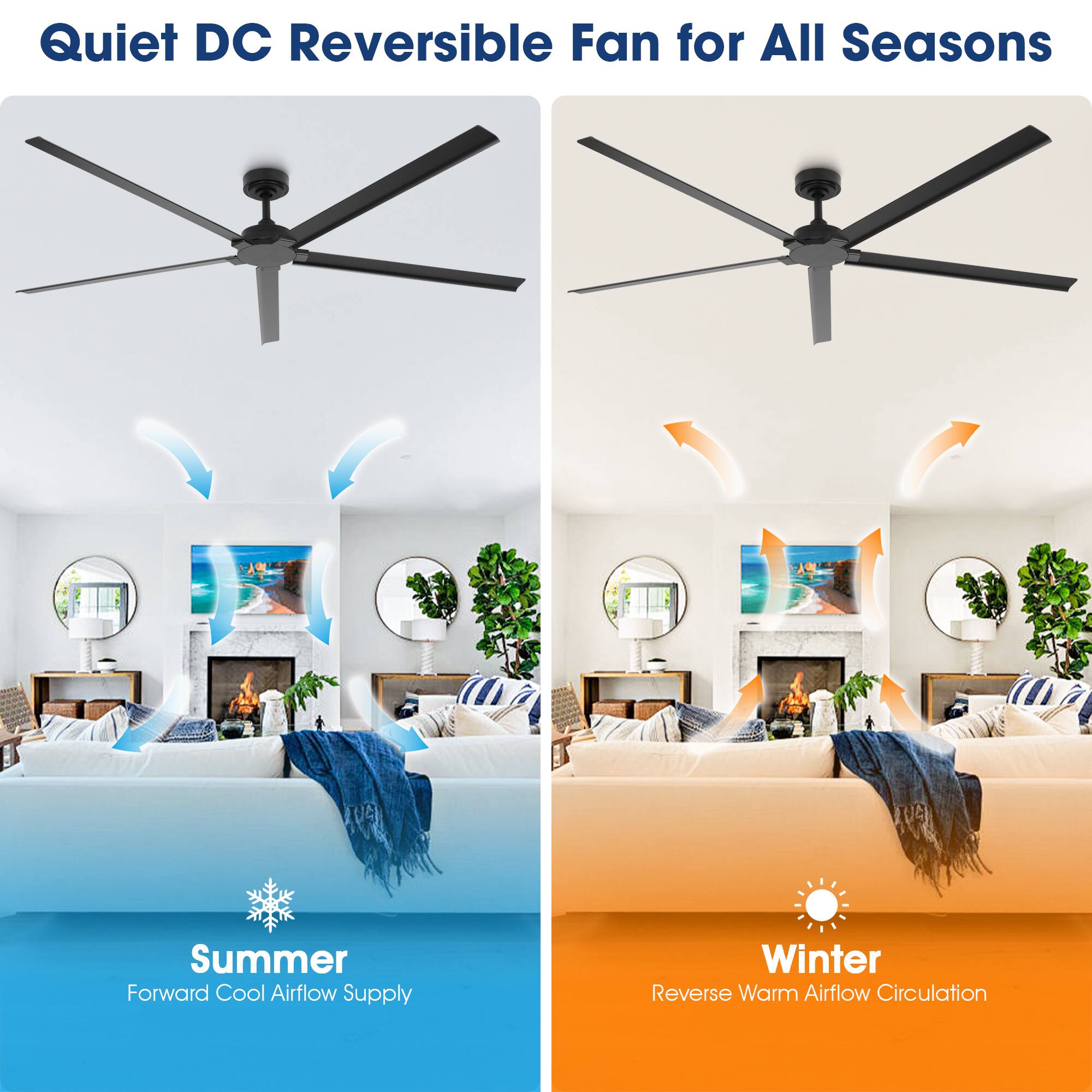 Quiet DC Reversible Fan for All Seasons

Summer: Forward Cool Airflow Supply

Winter: Reverse Warm Airflow Circulation