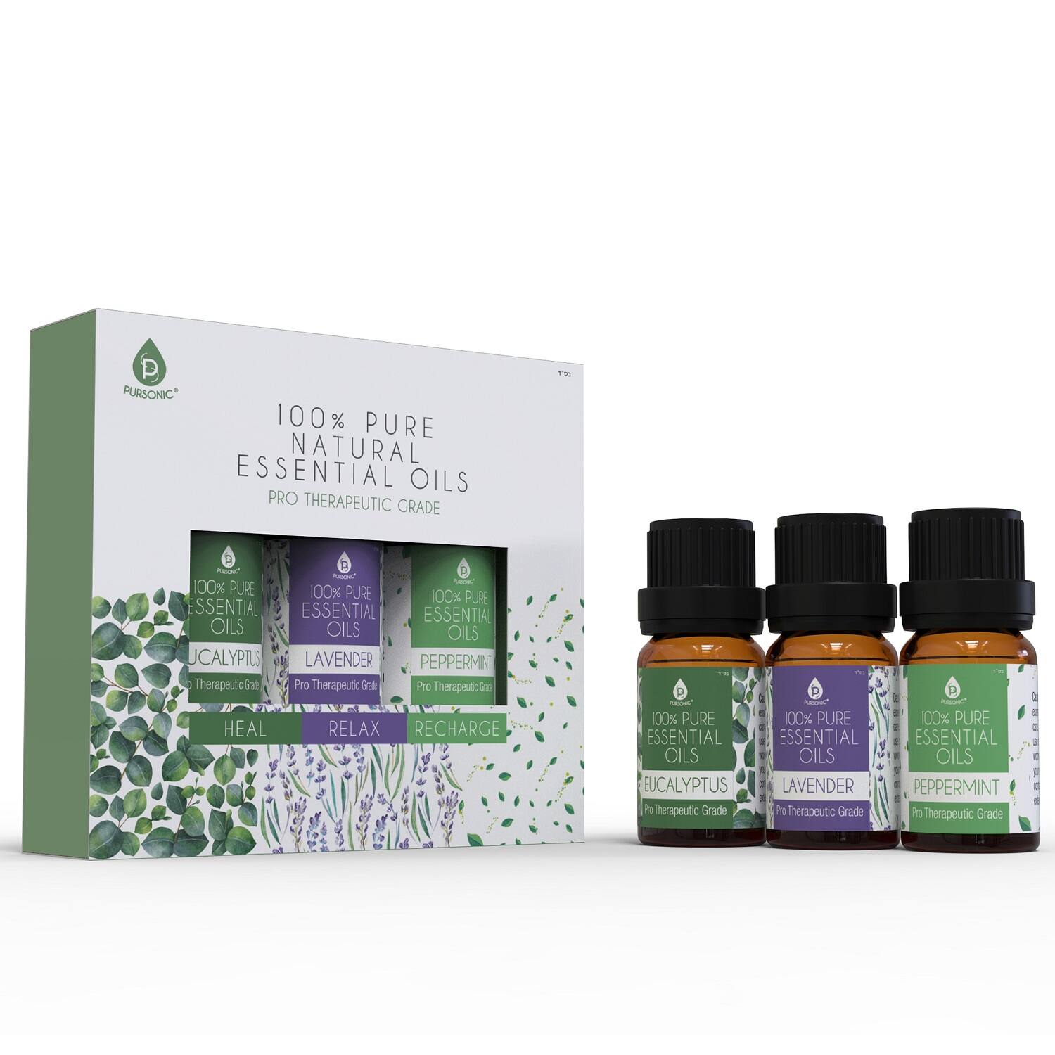 P PURSONIC 100% PURE NATURAL ESSENTIAL OILS PRO THERAPEUTIC GRADE
100% PURE ESSENTIAL OILS
EUCALYPTUS
Therapeutic Grade
100% PURE ESSENTIAL OILS
LAVENDER
Pro Therapeutic Grade
100% PURE ESSENTIAL OILS
PEPPERMINT
Pro Therapeutic Grade