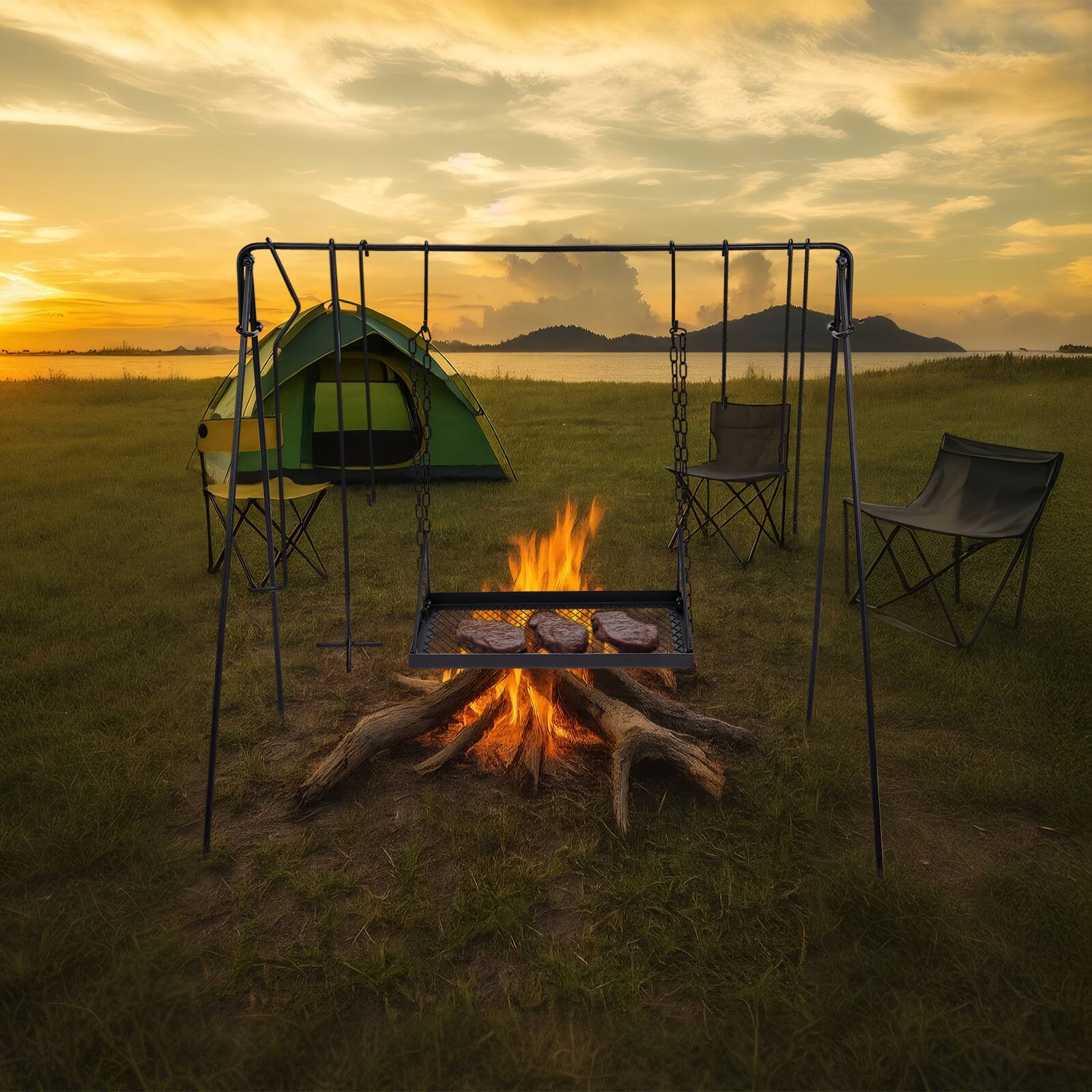 Alt View 9. Winado - Portable Grill Swing Campfire Grill Stand with Iron Grill Grate, Hooks, Carry Bag for Outdoor Camping BBQ Picnic Party - Black.